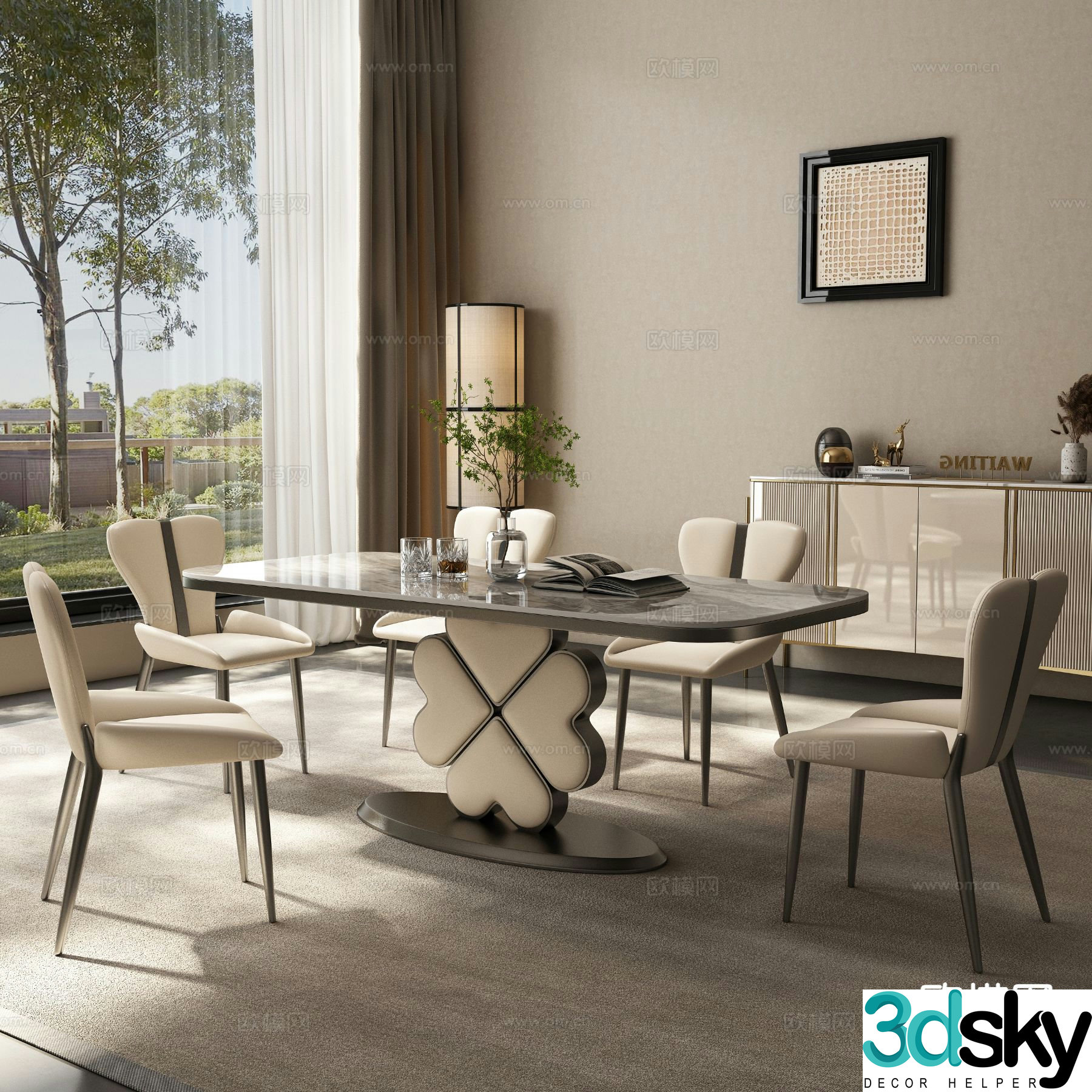 Modern long dining table and chairs 3d model