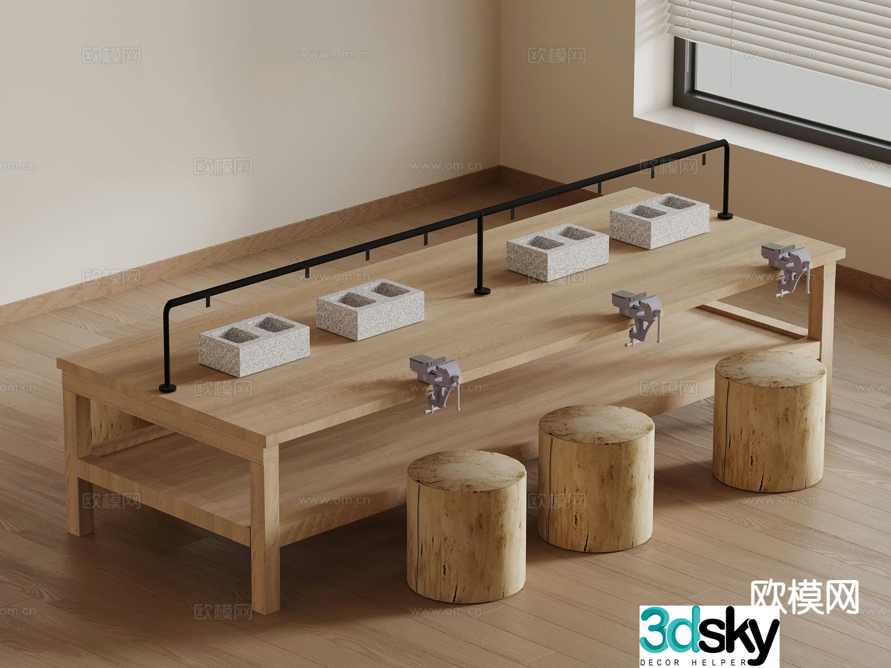 Modern handicraft workshop solid wood tables and chairs handmade table 3D model
