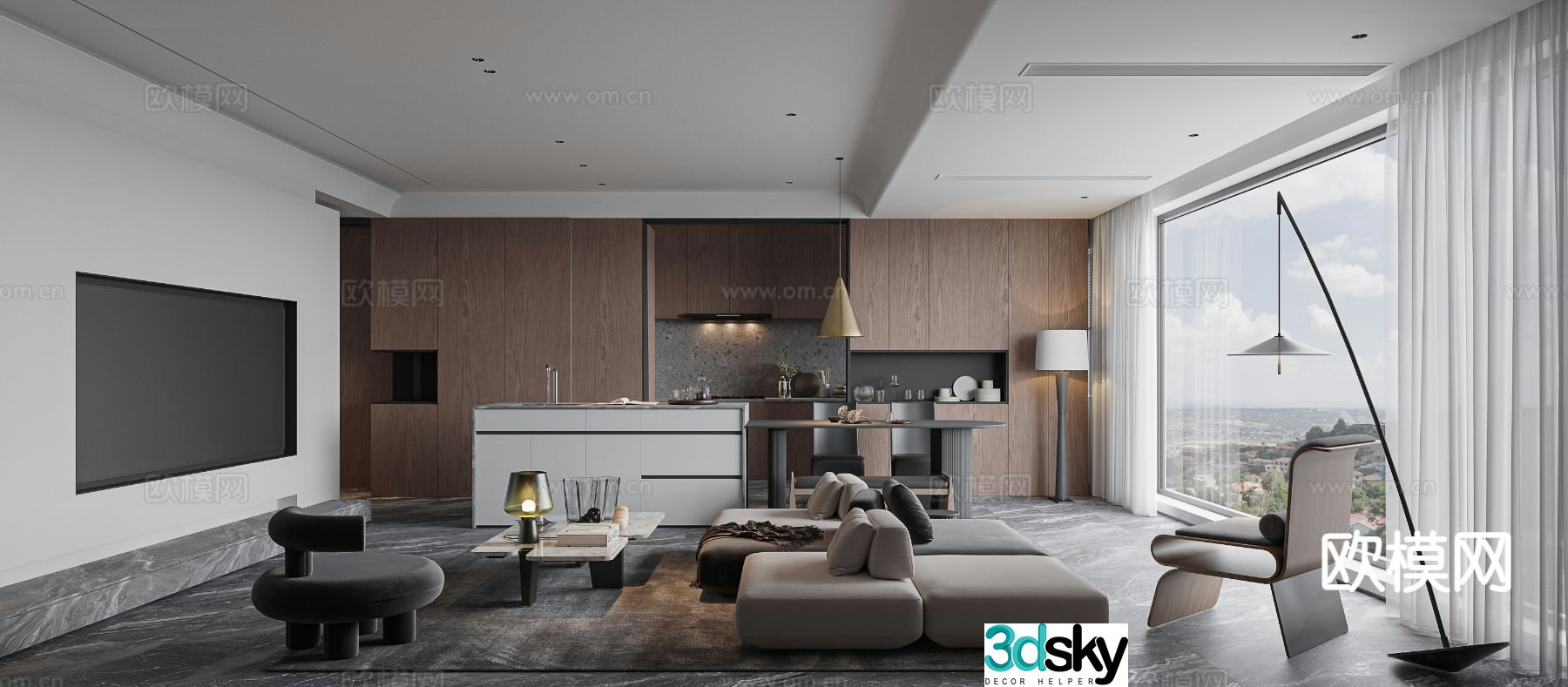 Modern living room and dining room horizontal hall 3D model