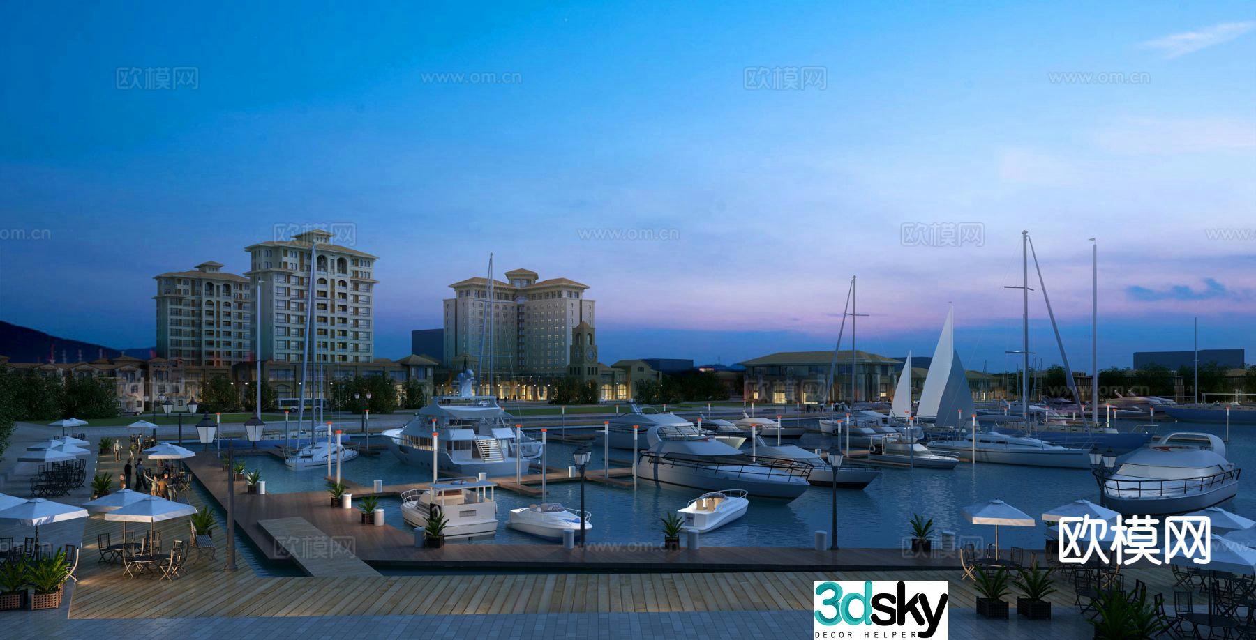 Modern yacht dock night view 3d model