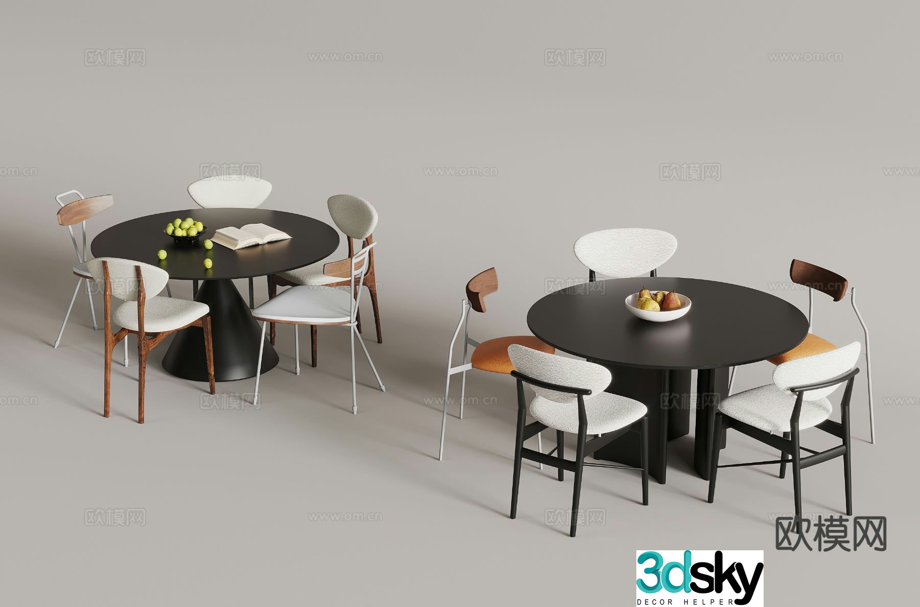 Medieval style round dining table retro style dining table and chairs 3D model