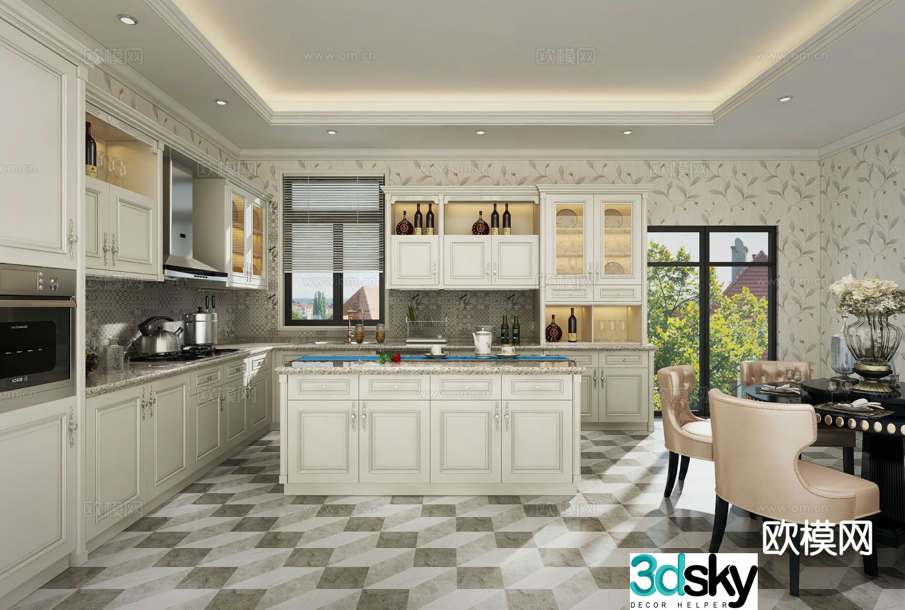 European style kitchen island kitchen 3d model