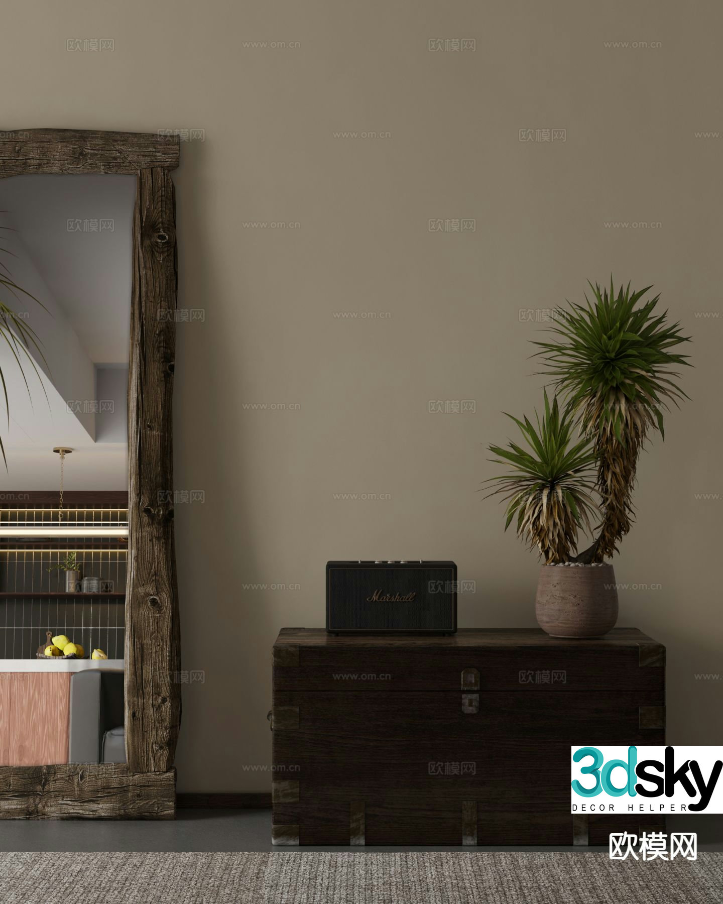 Modern low cabinet side cabinet radio potted plant 3D model