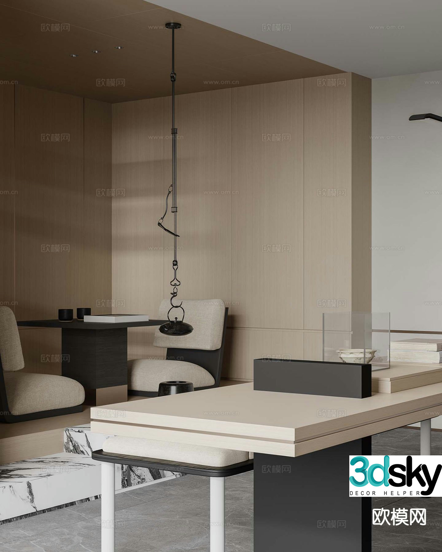 Modern tatami tea table and chairs 3d model