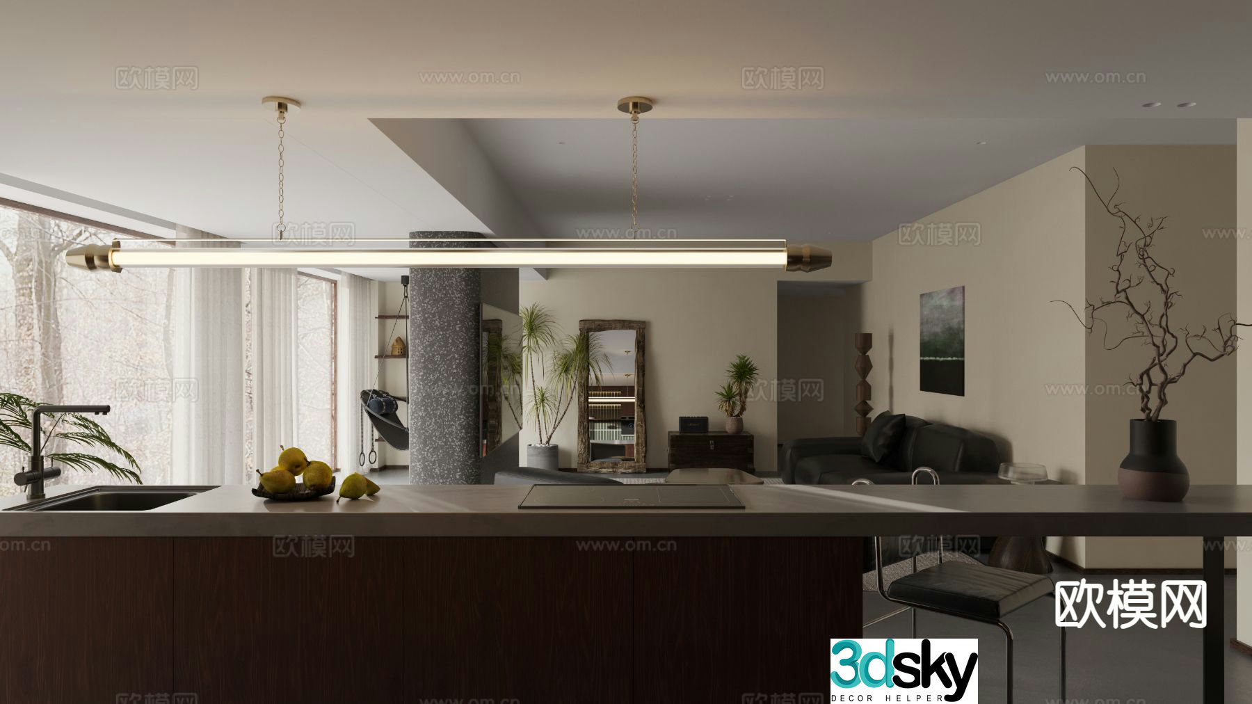 Modern guest restaurant island perspective 3D model