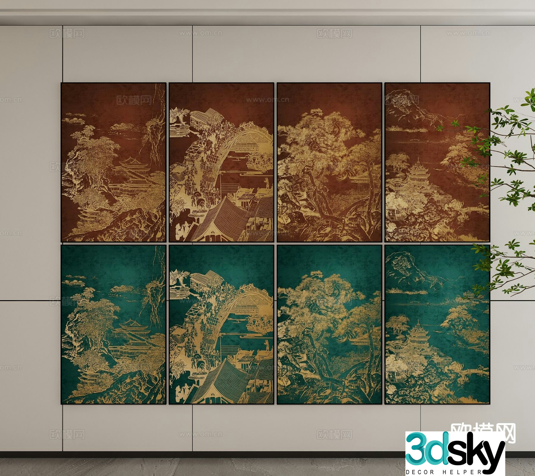 New Chinese style architectural painting decorative painting 3D model