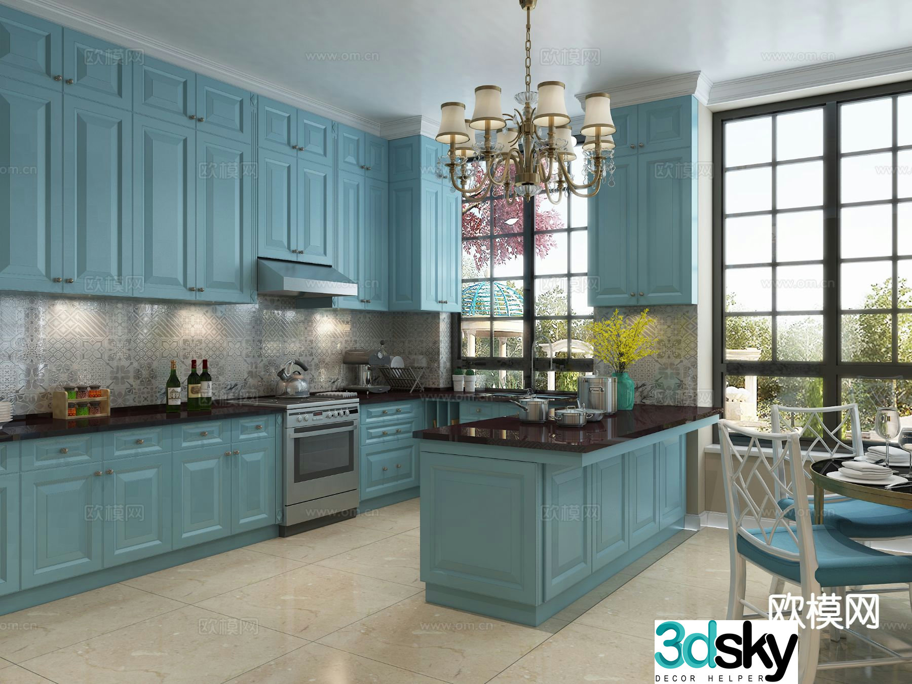 Simple European island kitchen open kitchen 3d model