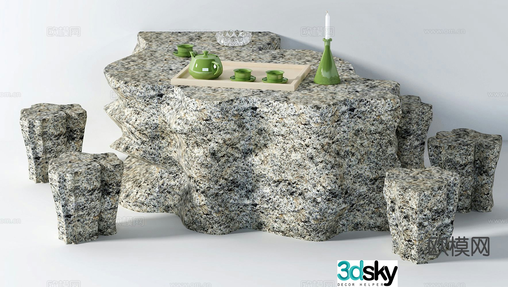 Chinese tea table tea set stone stool stone table 3d model
