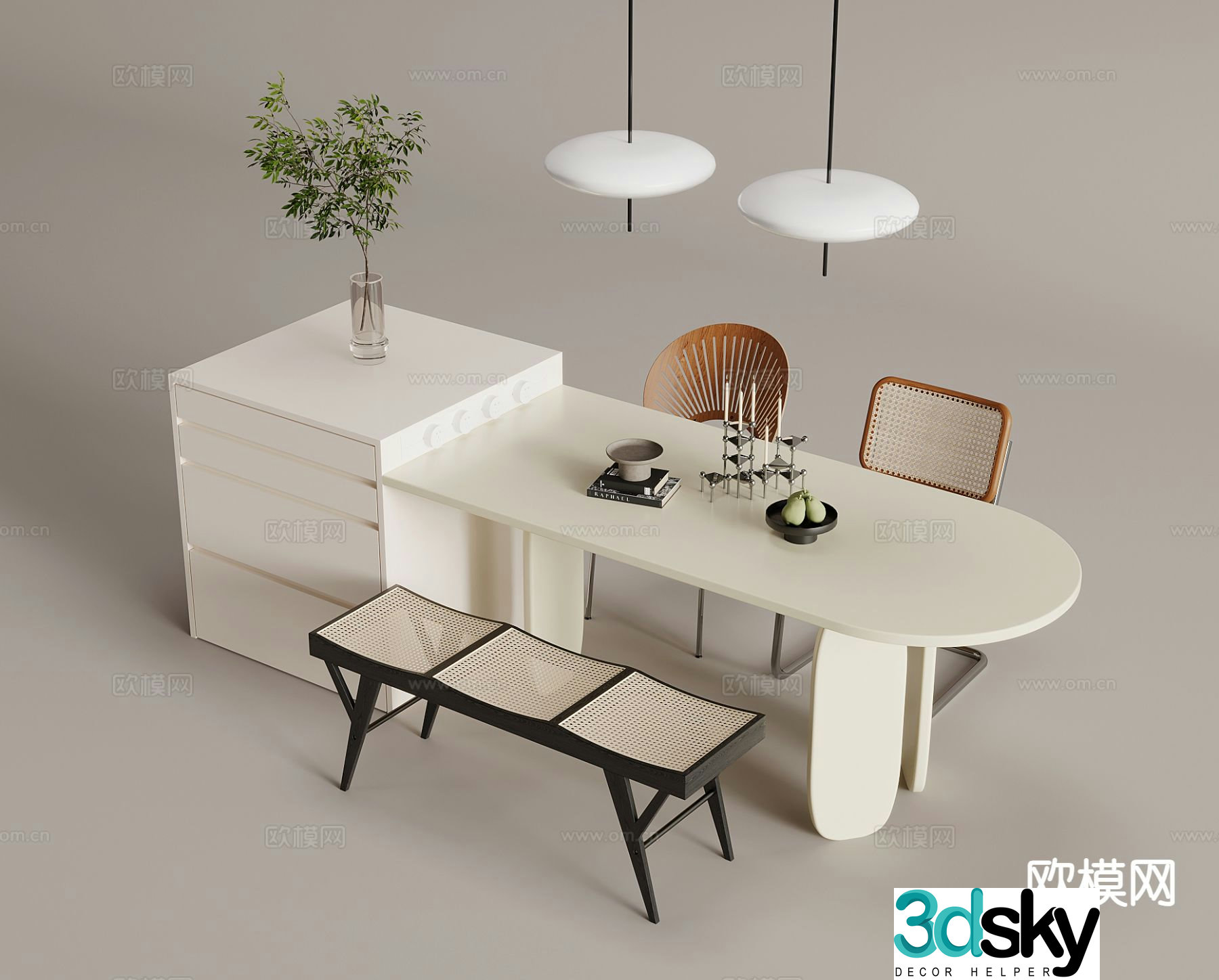 Cream style dining table and chairs island 3d model