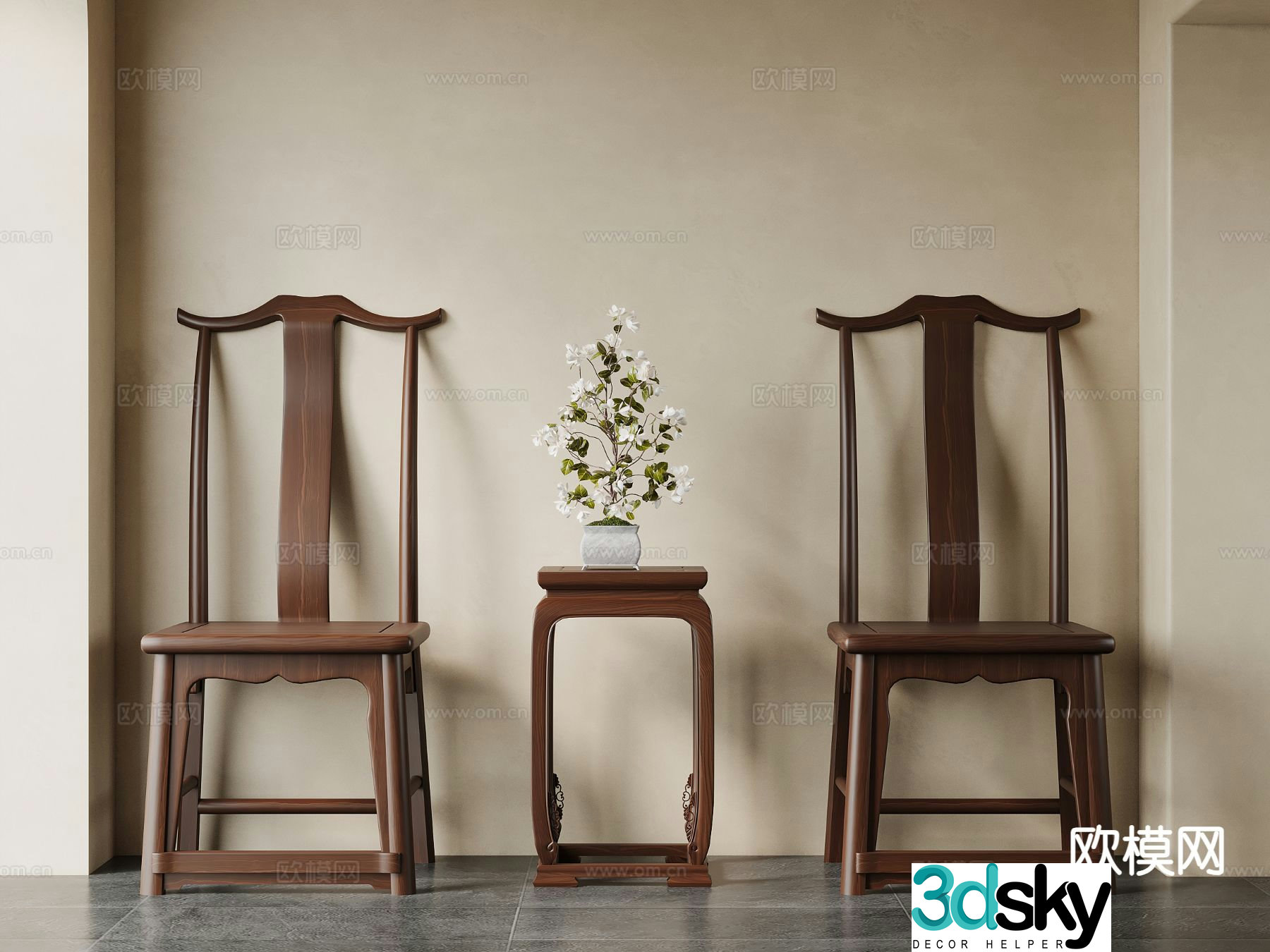 New Chinese style leisure chair official hat chair corner table 3D model
