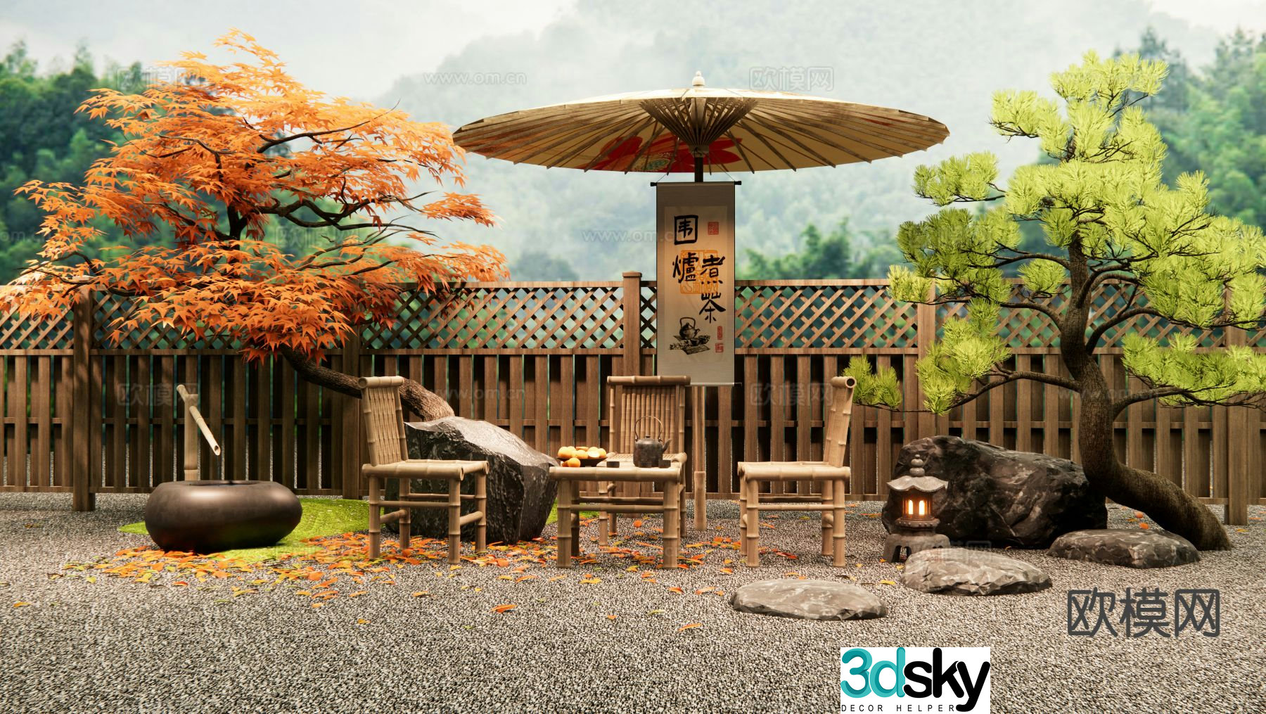 Chinese outdoor tables and chairs bamboo outdoor chairs tea making by the fire 3D model