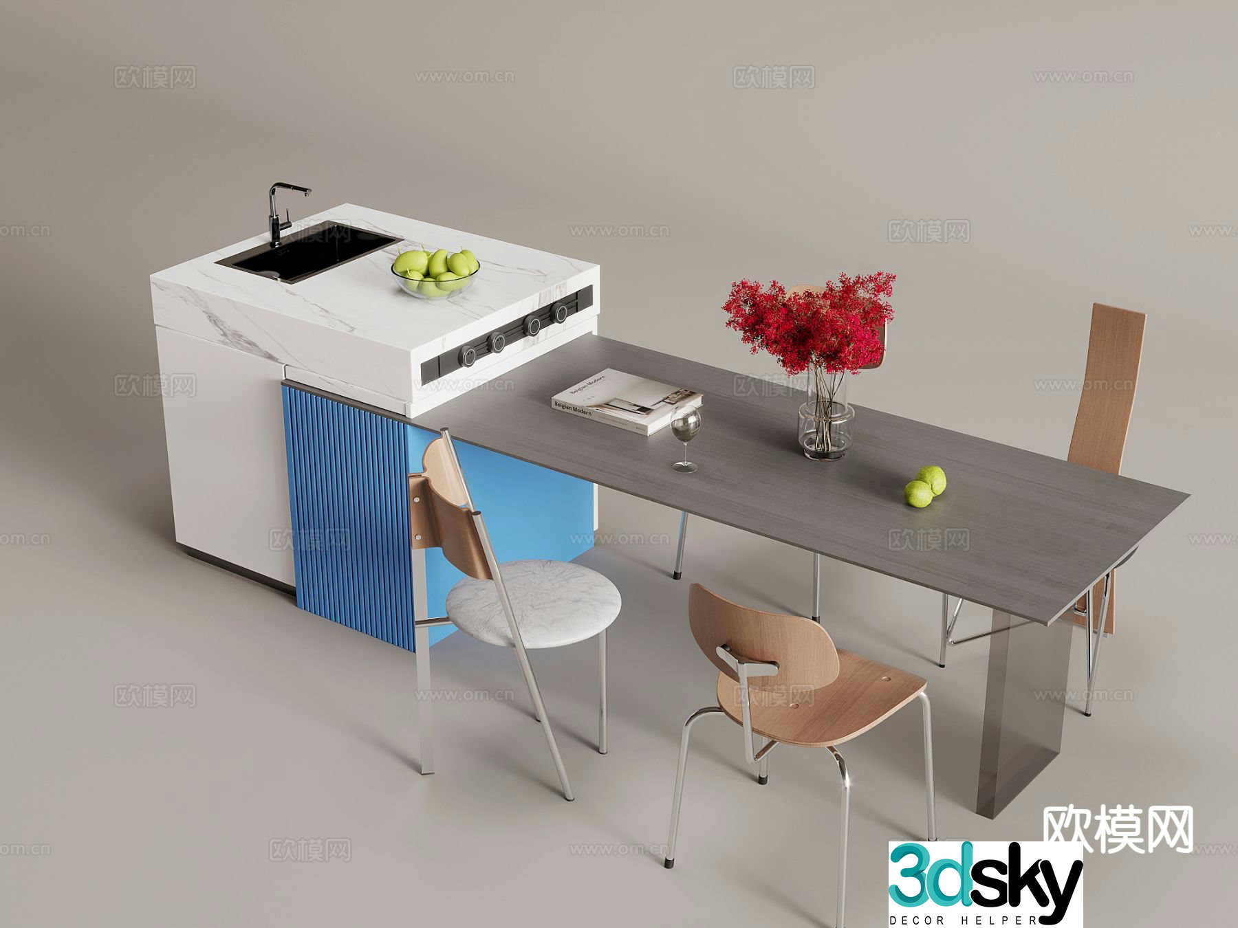 Modern dining table and chairs island 3d model