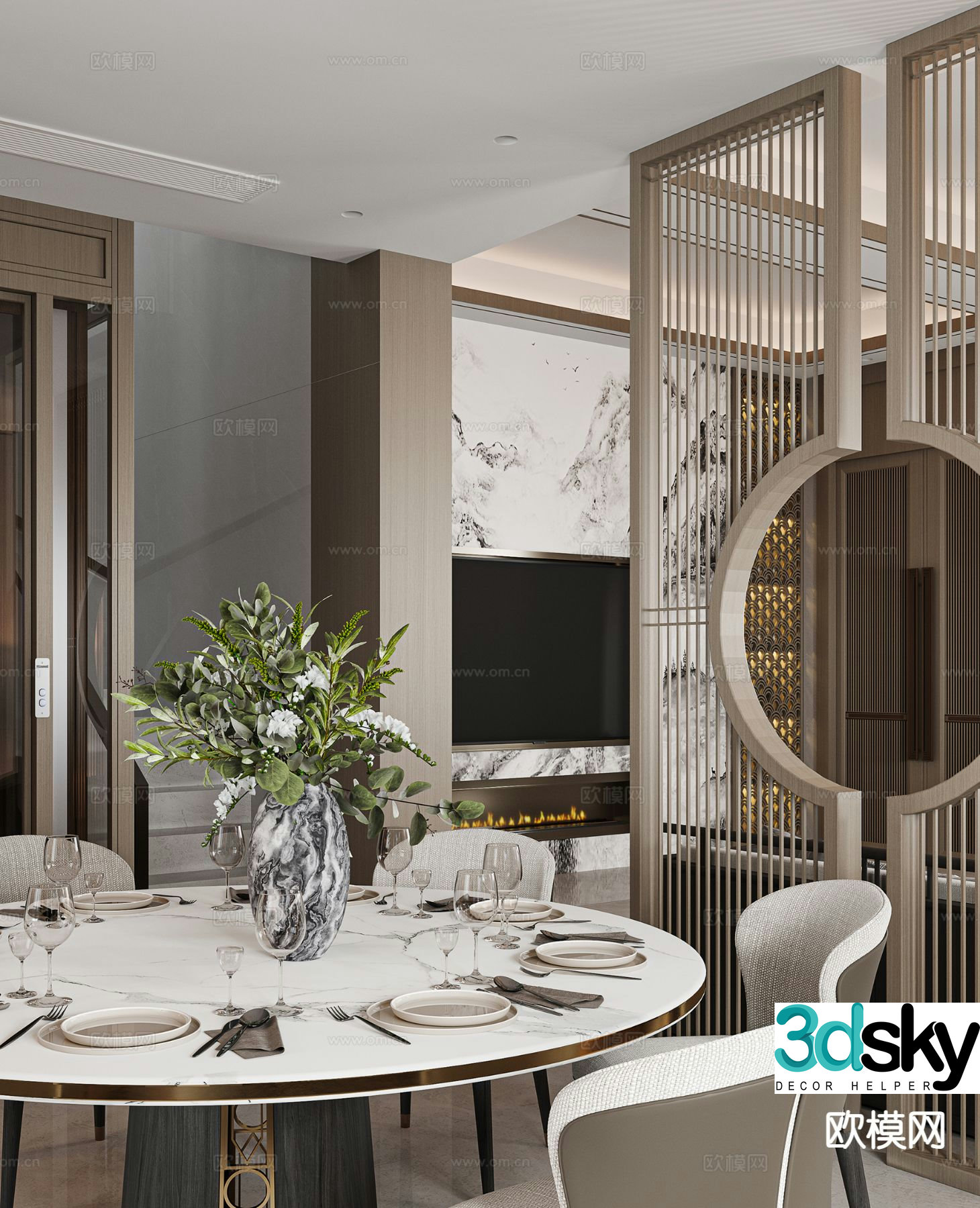 New Chinese dining table and chairs 3d model