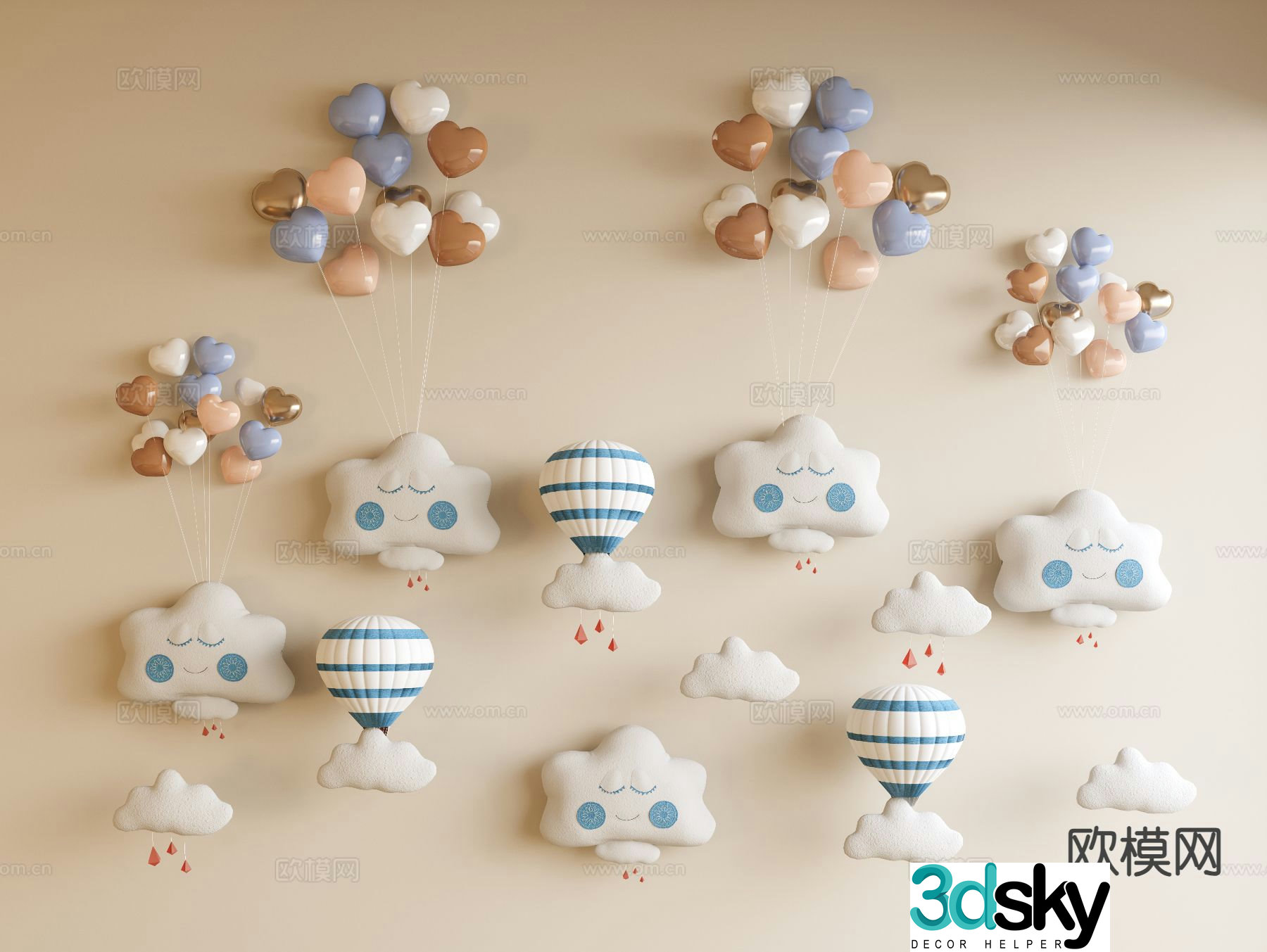Modern children’s cloud wall decoration balloon pendant 3D model