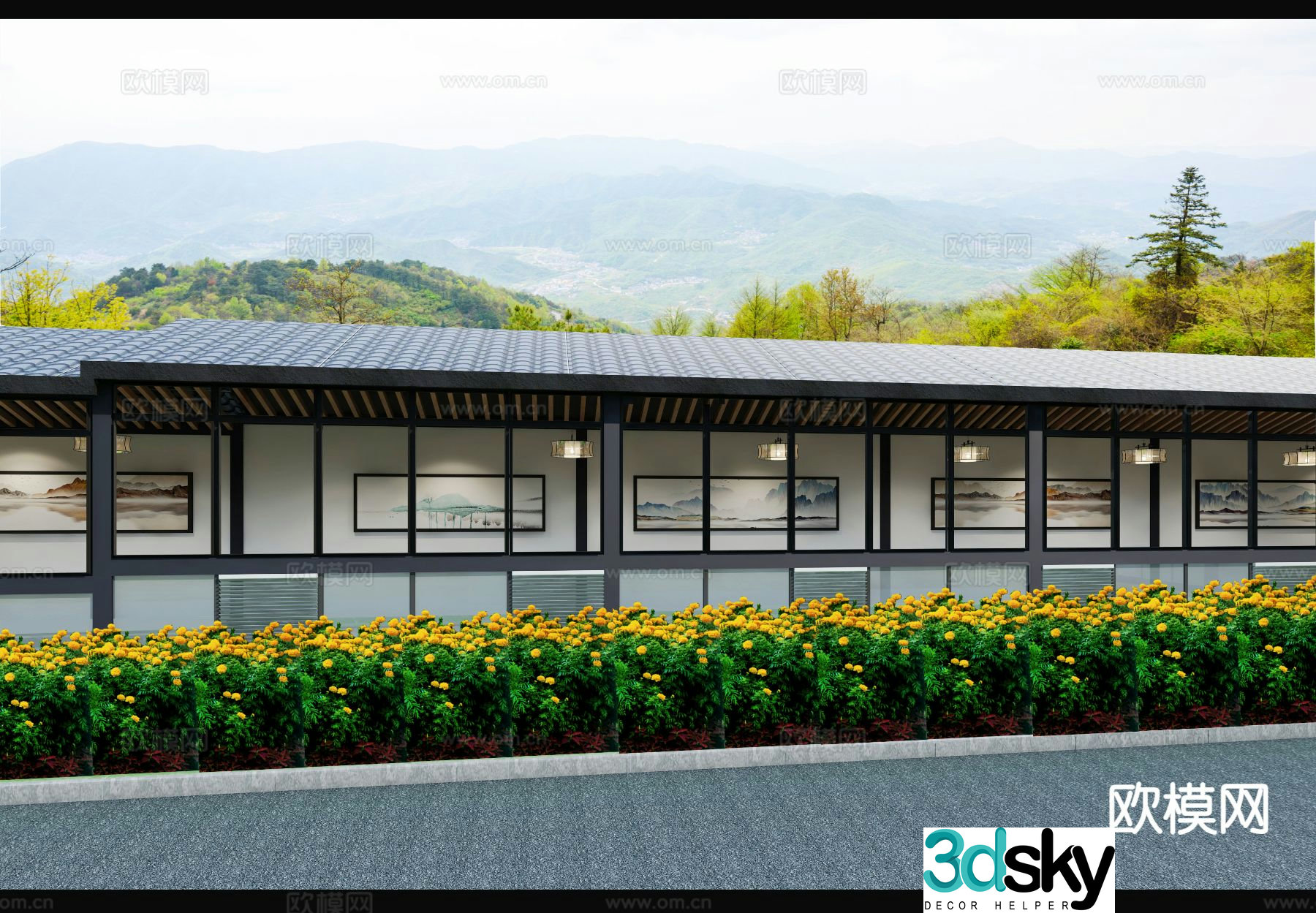 New Chinese style wind and rain bridge landscape 3D model