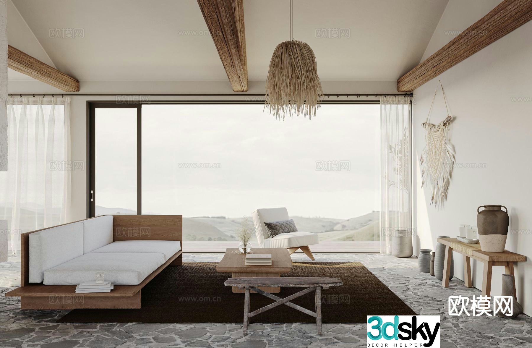 3D model of log style living room