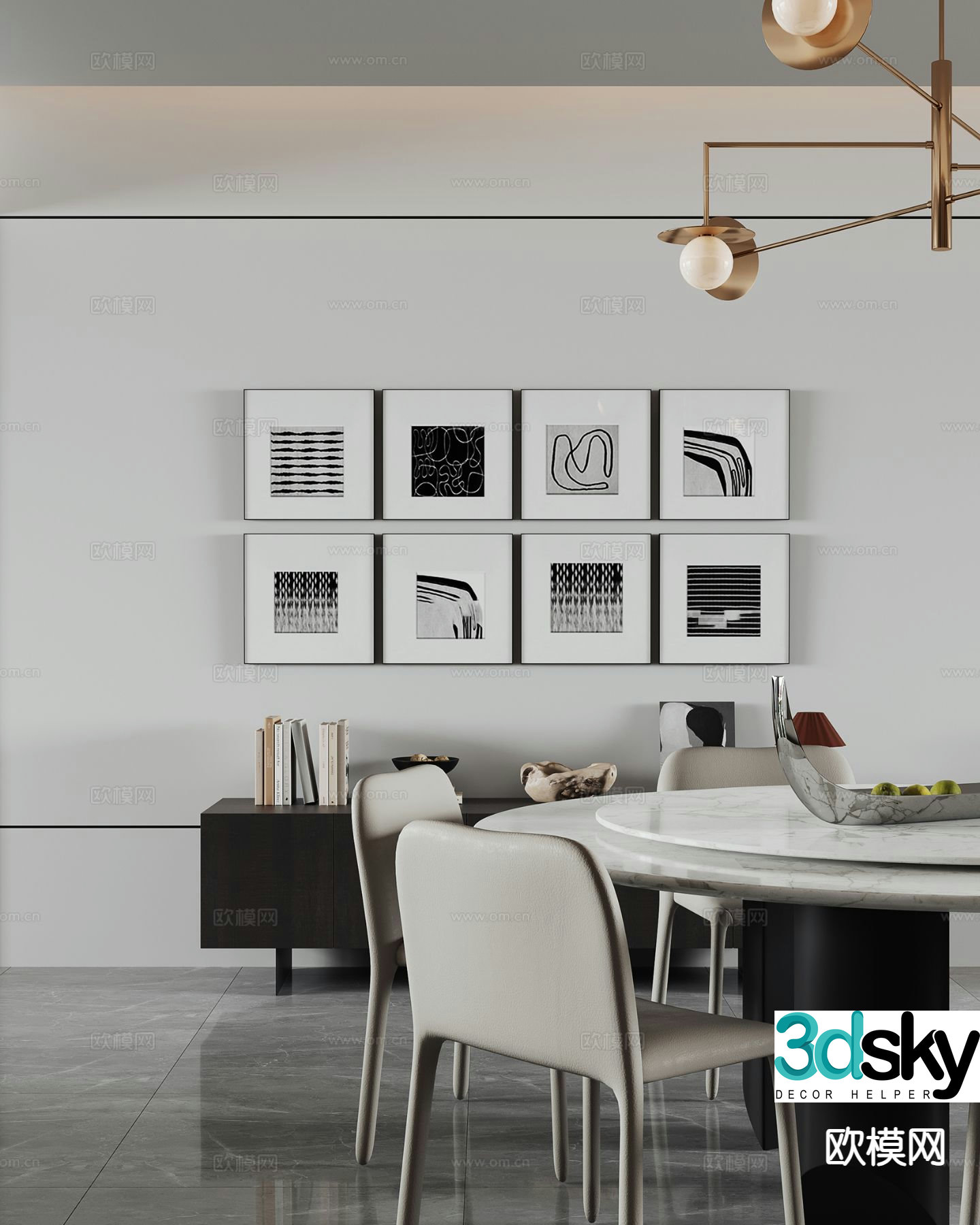 Modern hanging painting combination painting black and white painting 3d model