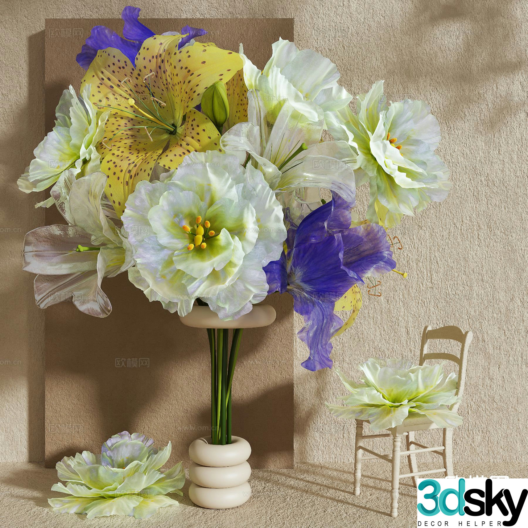 Vase Floral Art Paper Art Large Flower Art Ornament 3D Model