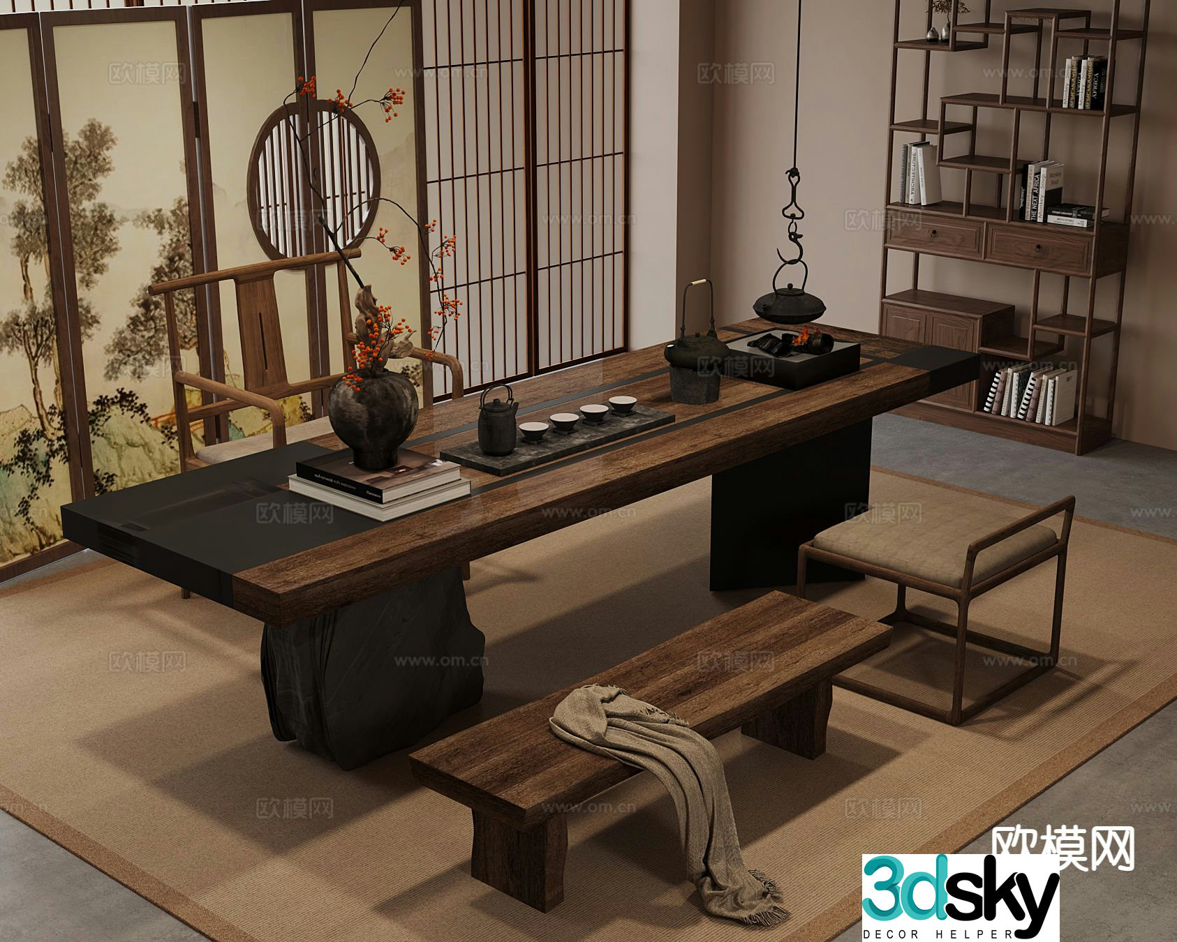 New Chinese style tea table and chairs tea set Bogu rack 3D model