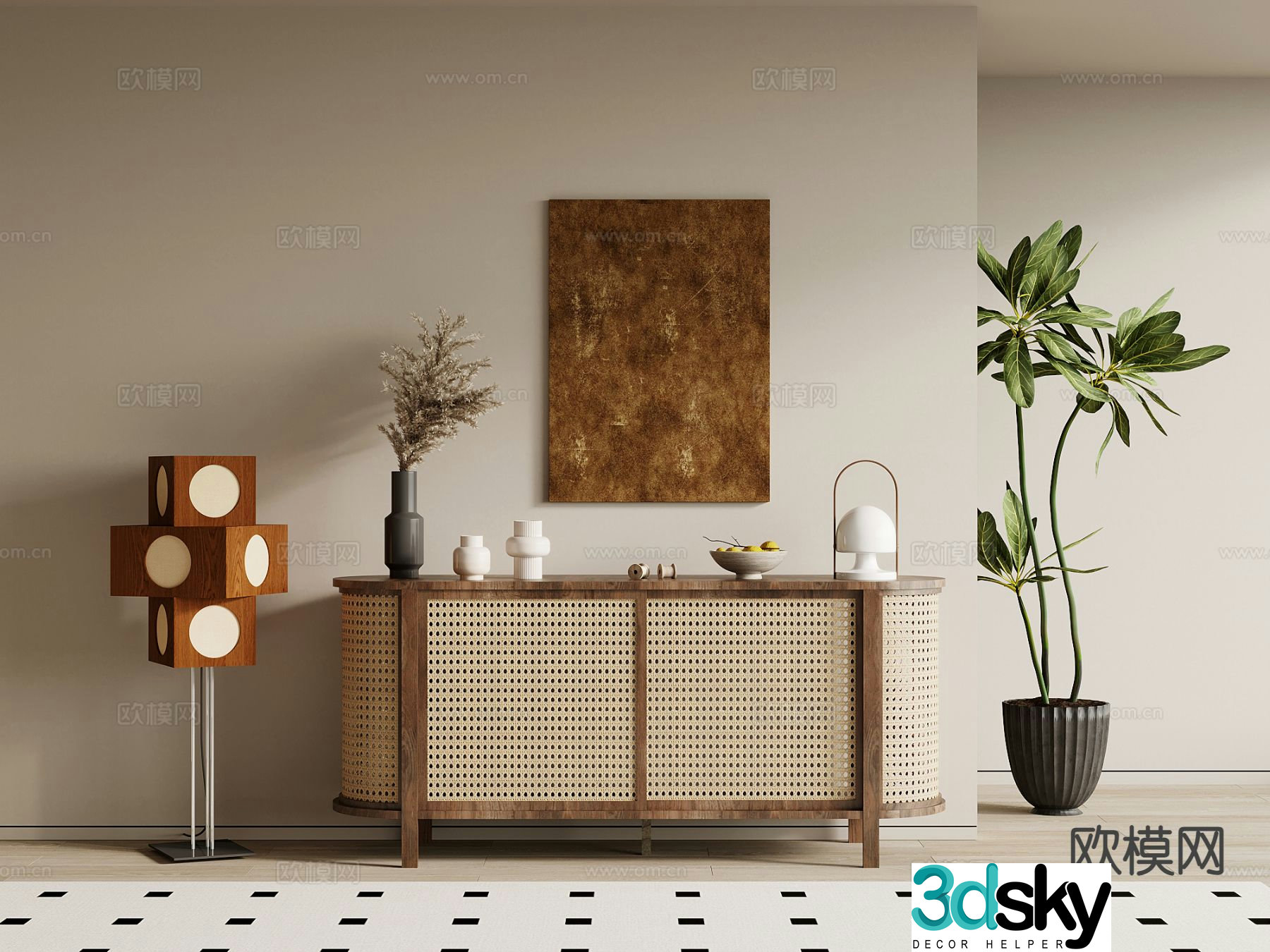 Wabi-sabi style rattan side cabinet side view cabinet entrance cabinet 3D model