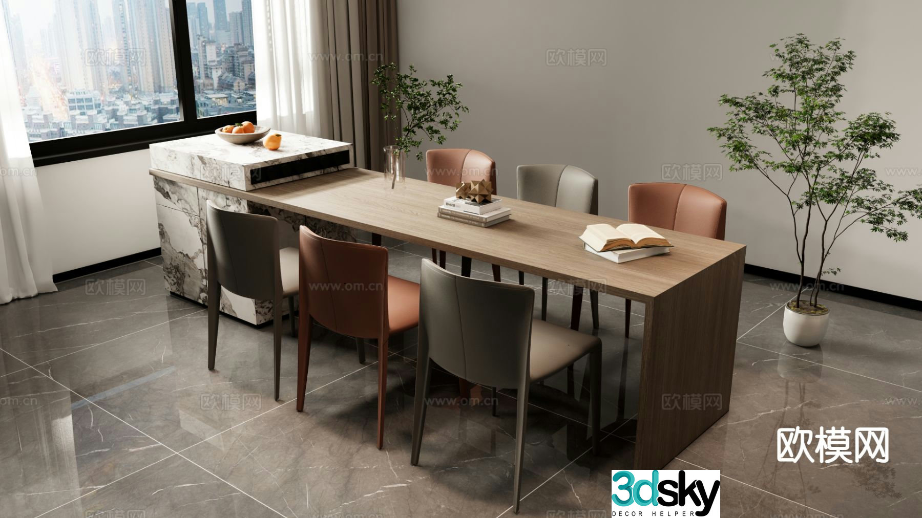 Simple dining table and chairs long dining table island dining table 3D model