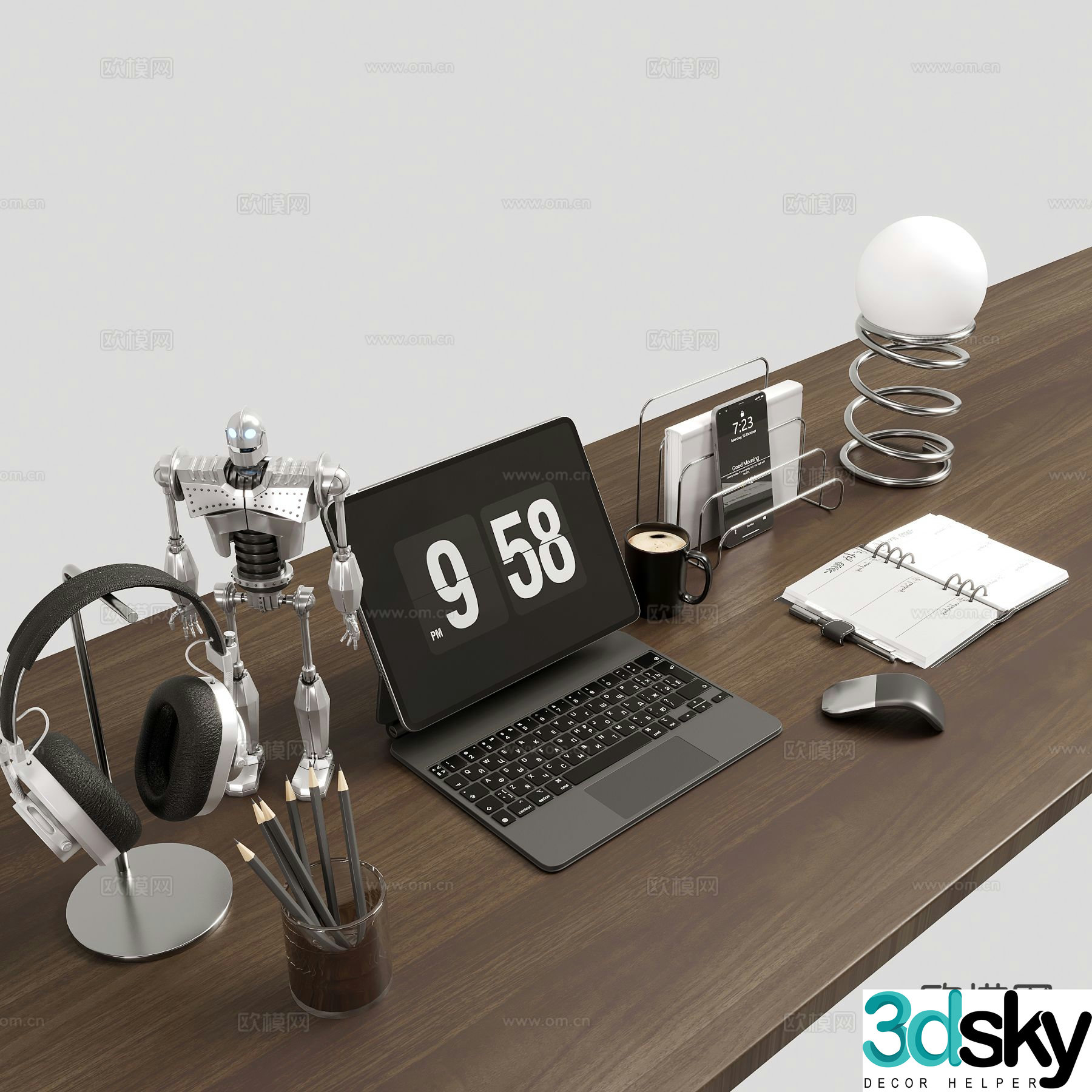 Modern office supplies laptop books 3d model