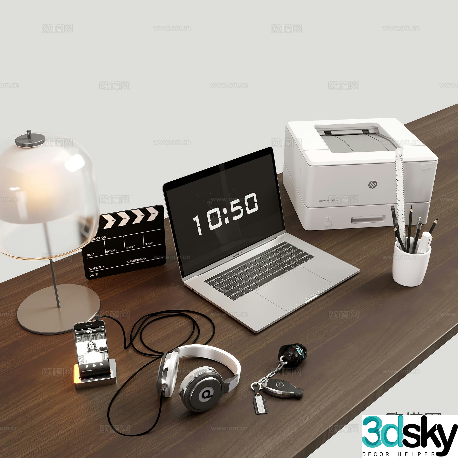 Modern office supplies laptop computer headphones 3d model