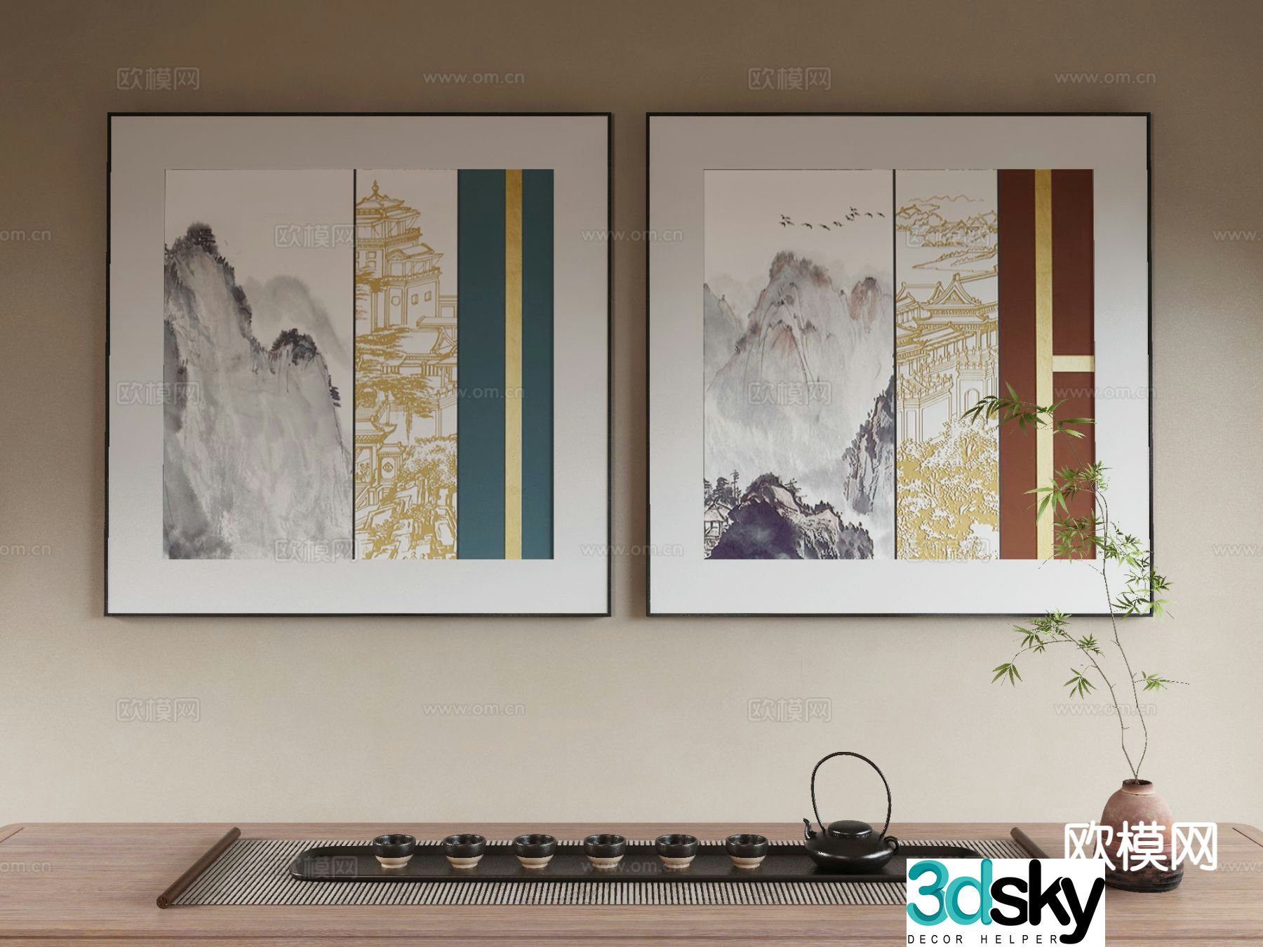 New Chinese style landscape painting decorative painting 3D model