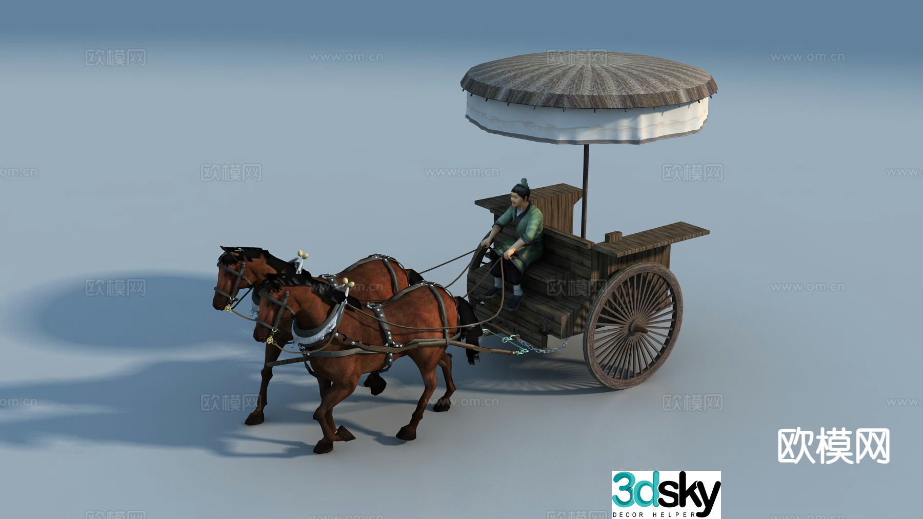Chinese carriage ancient characters horse riding cart folk sketch 3D model