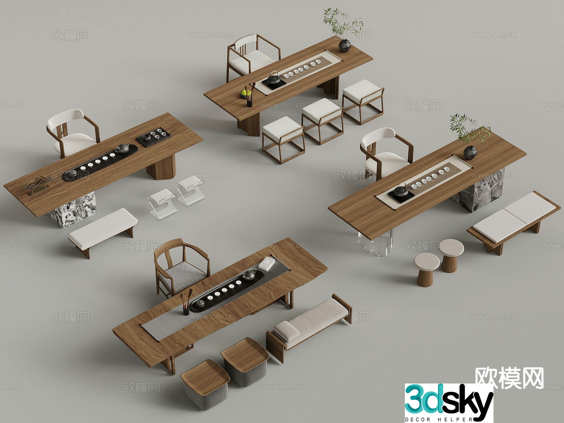 New Chinese style tea table and chairs tea set Bogu rack 3D model