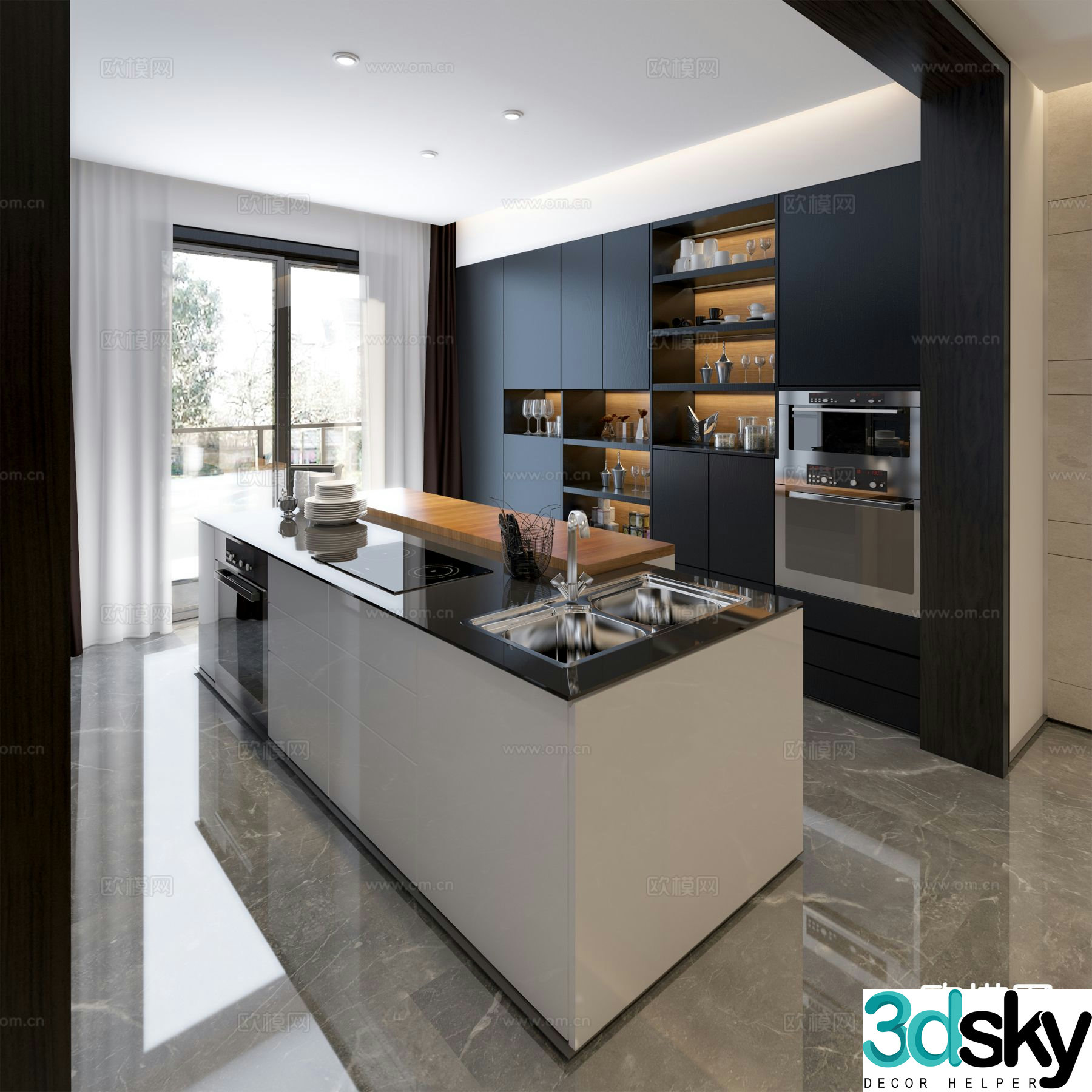 Modern island kitchen 3d model