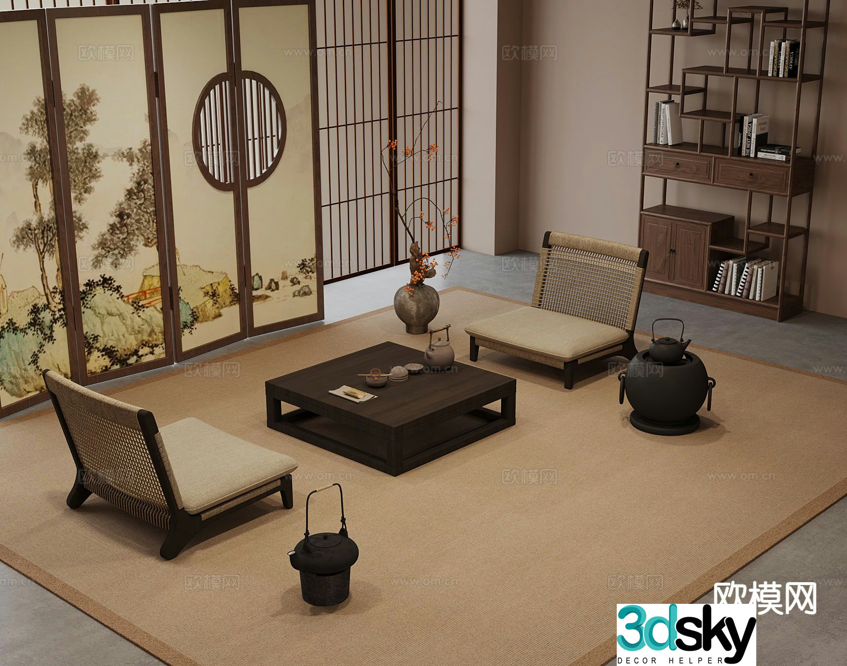 New Chinese style tea table and chairs tatami tea table and chairs 3d model