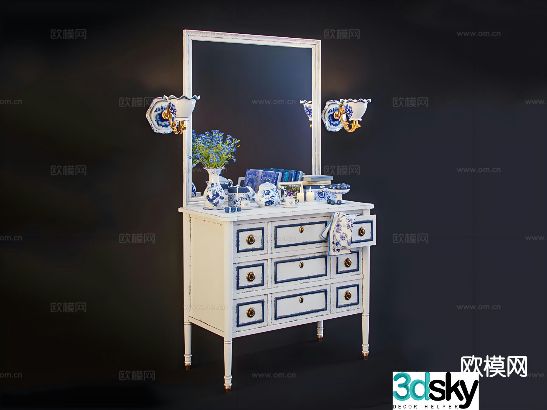 European sideboard blue and white porcelain mirror 3d model