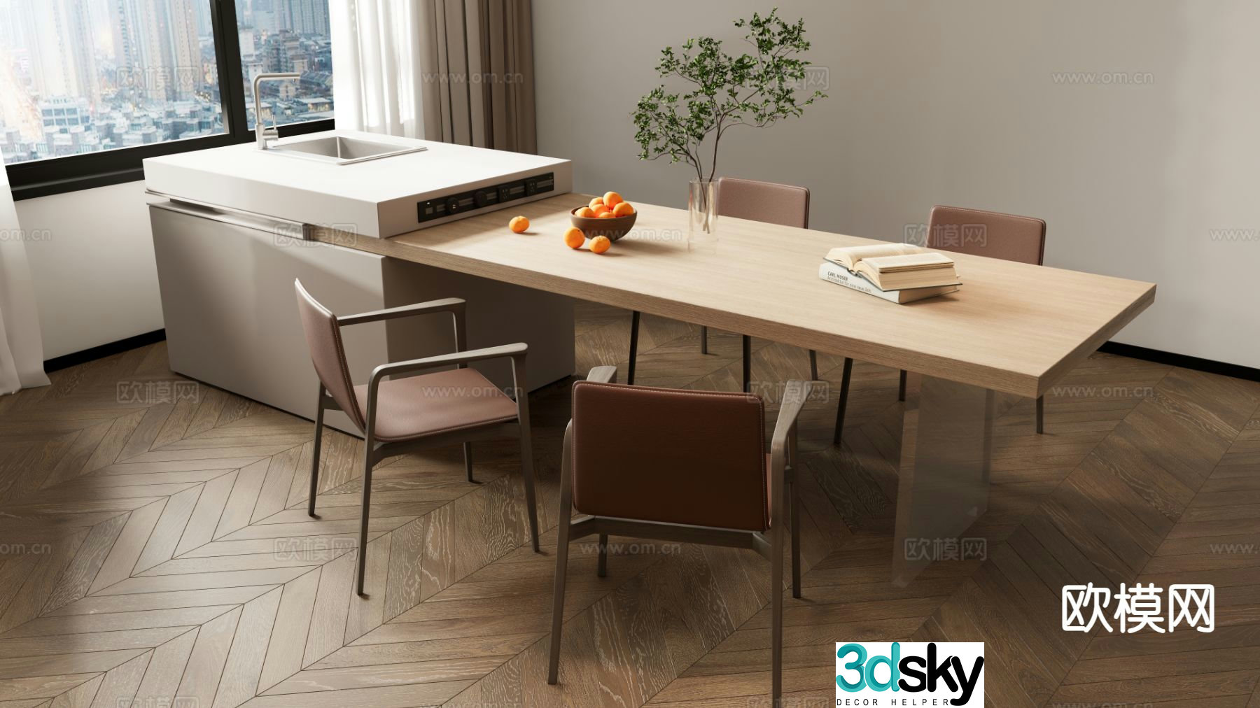 Modern minimalist dining table and chairs long dining table island dining table 3D model