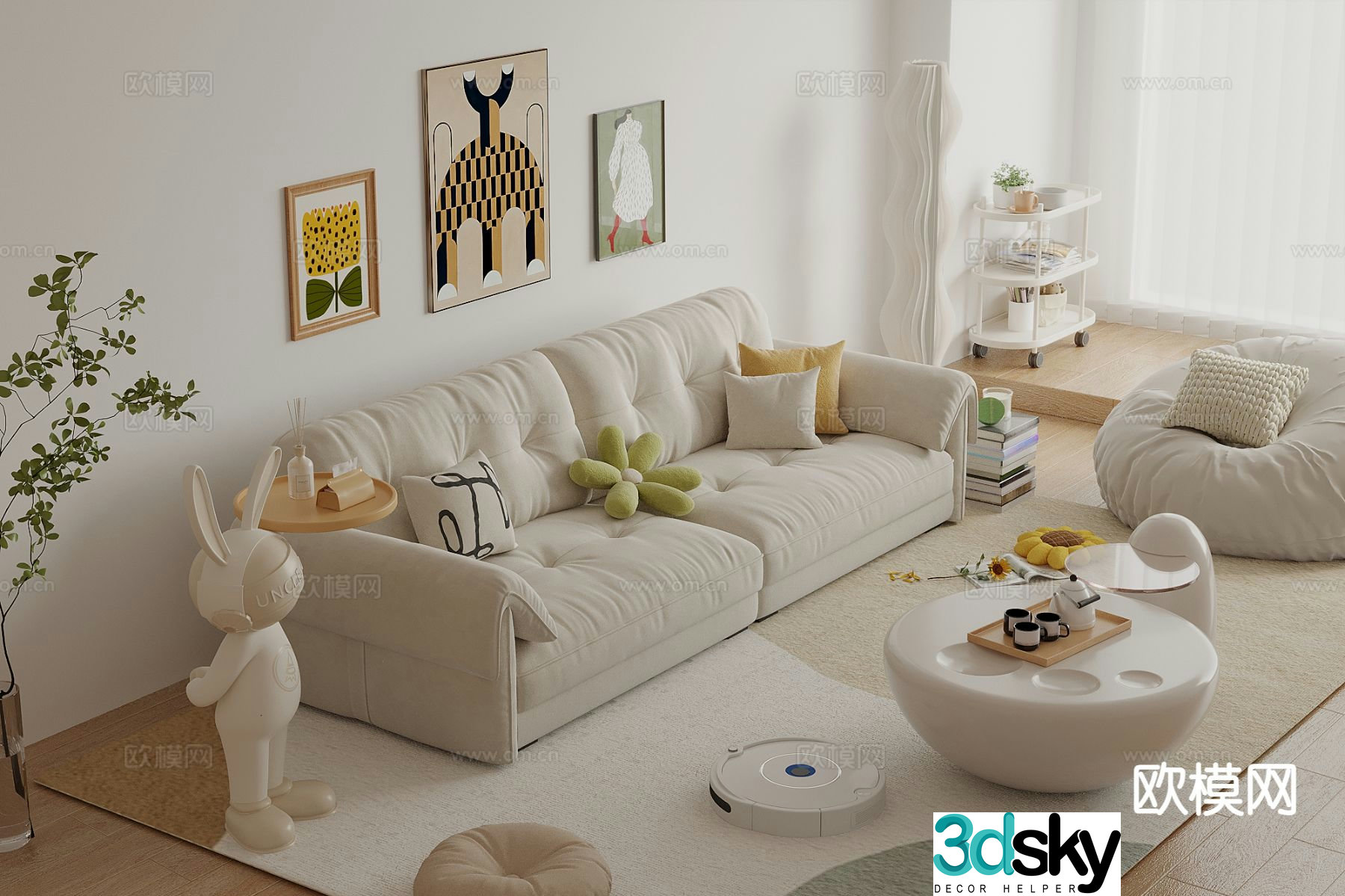 Cream style double sofa modular sofa 3d model