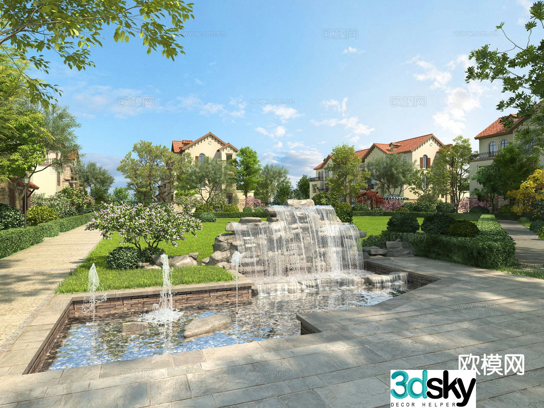 European garden landscape overlapping water landscape fountain water feature 3D model