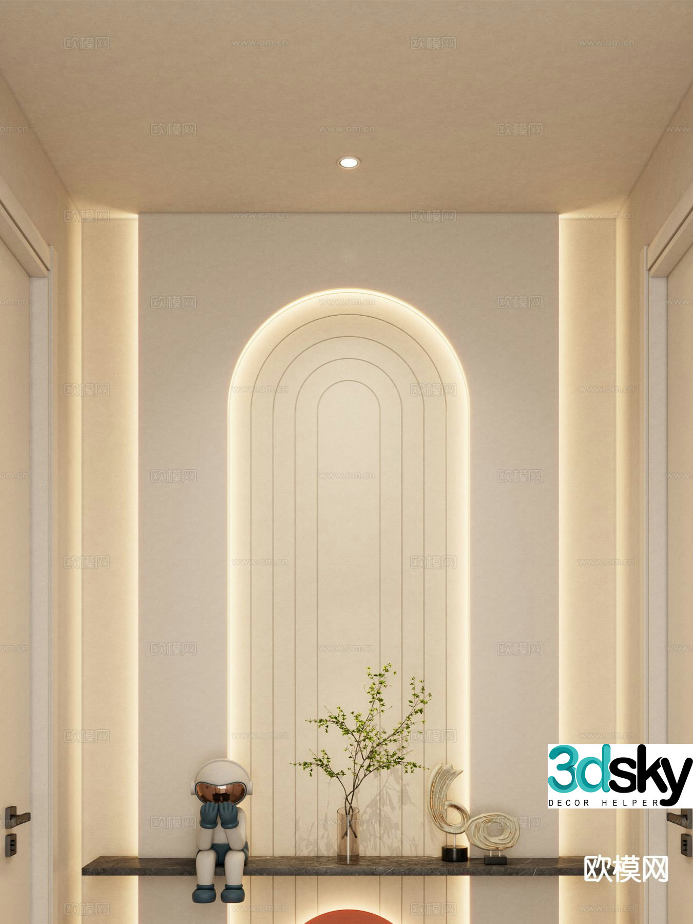 Cream style corridor end view entrance aisle 3D model