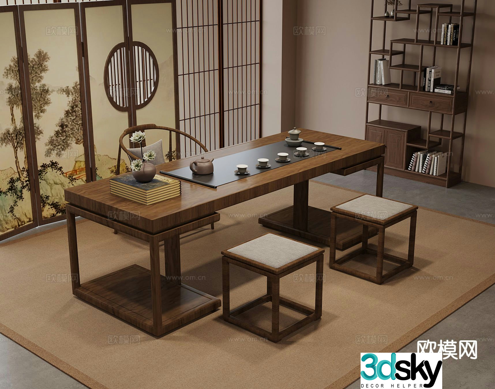 New Chinese style tea table and chairs tea set Bogu rack 3D model