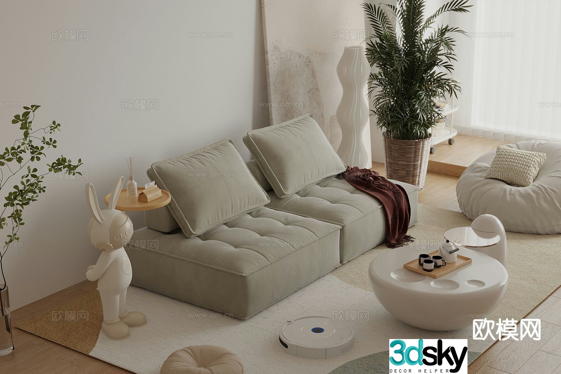 Cream style double sofa modular sofa 3d model