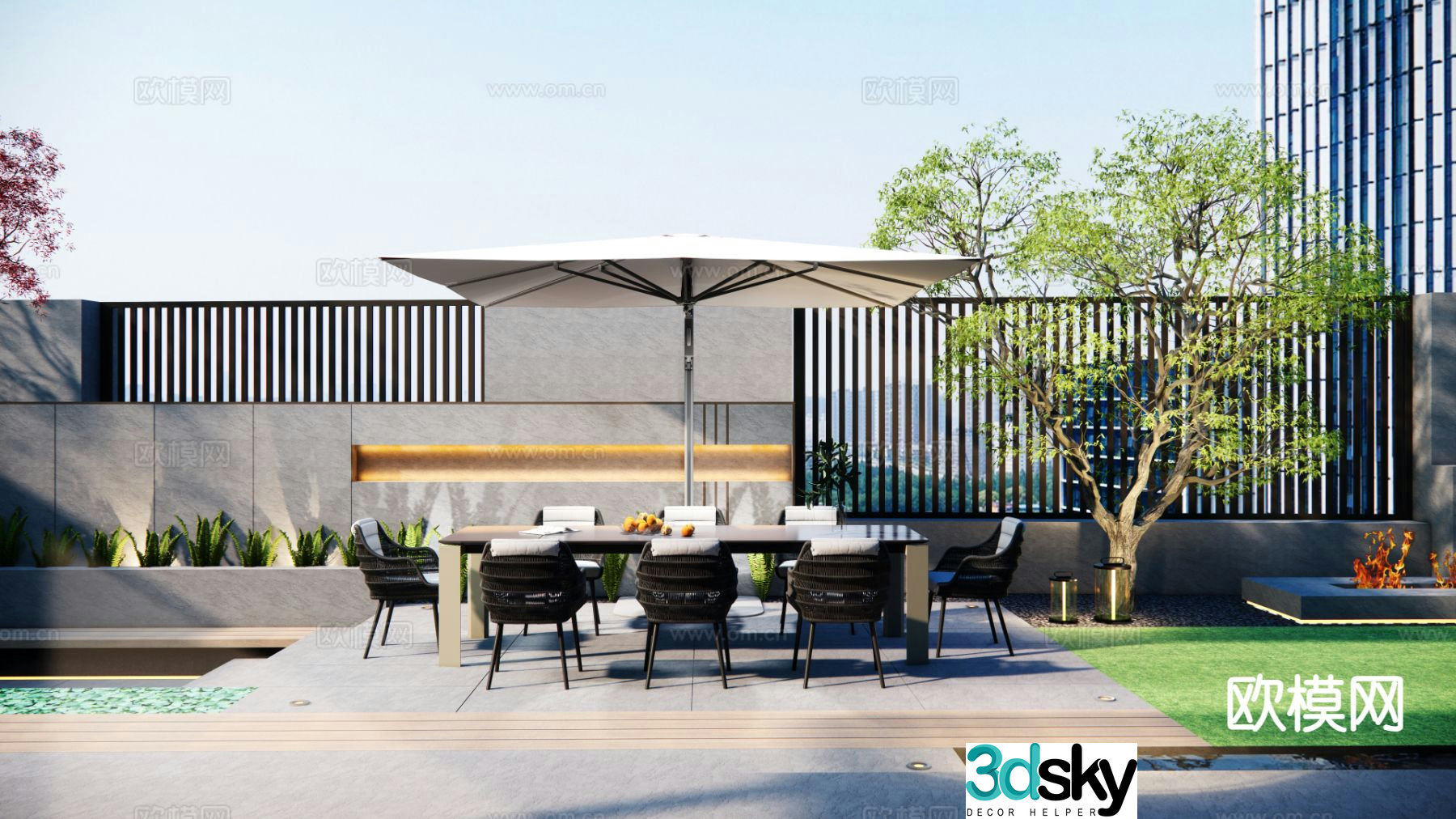 Courtyard tables and chairs outdoor dining tables and chairs one table and eight chairs square umbrella sunshade 3D model
