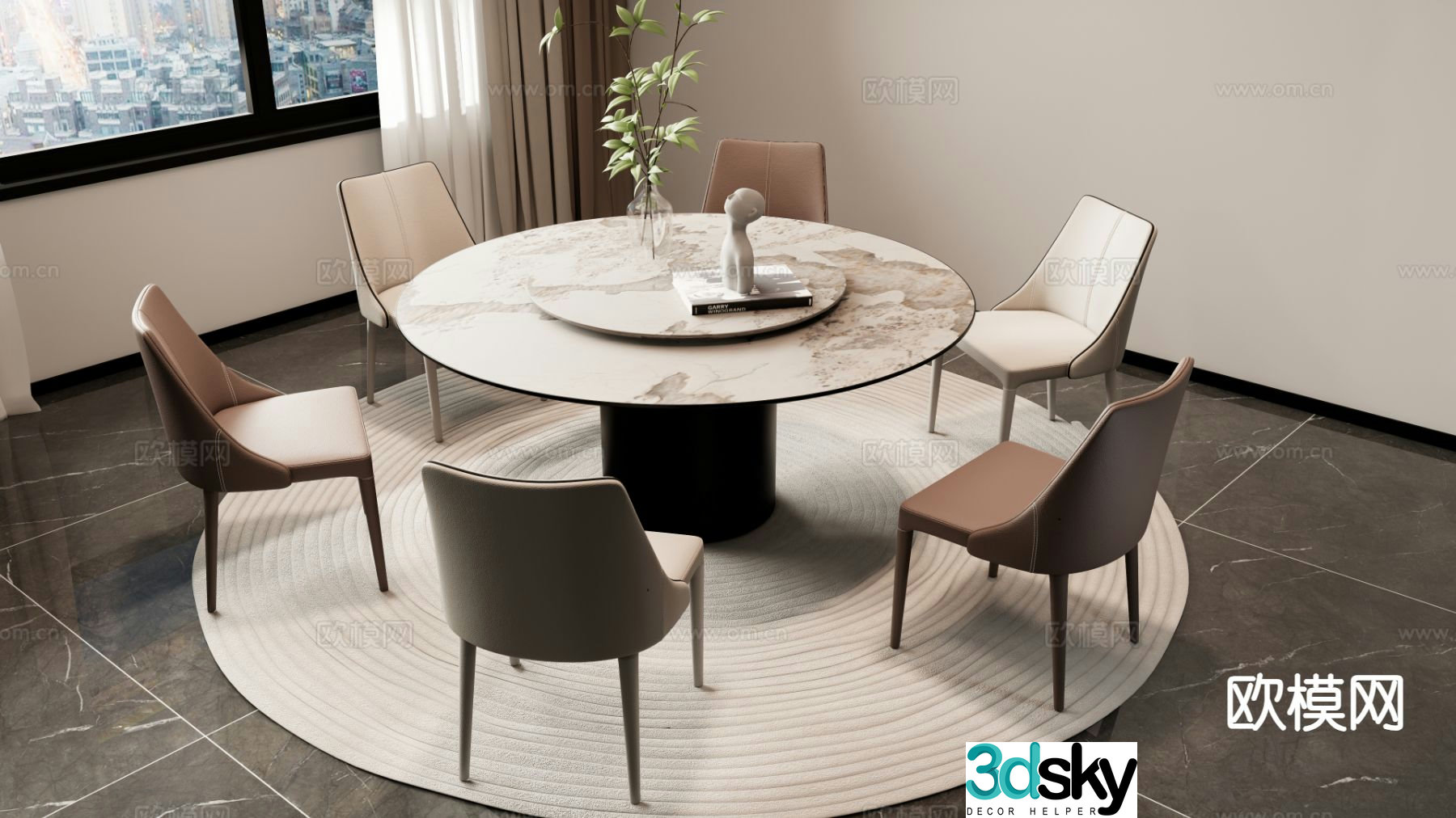 Simple dining table and chairs round dining table 3d model