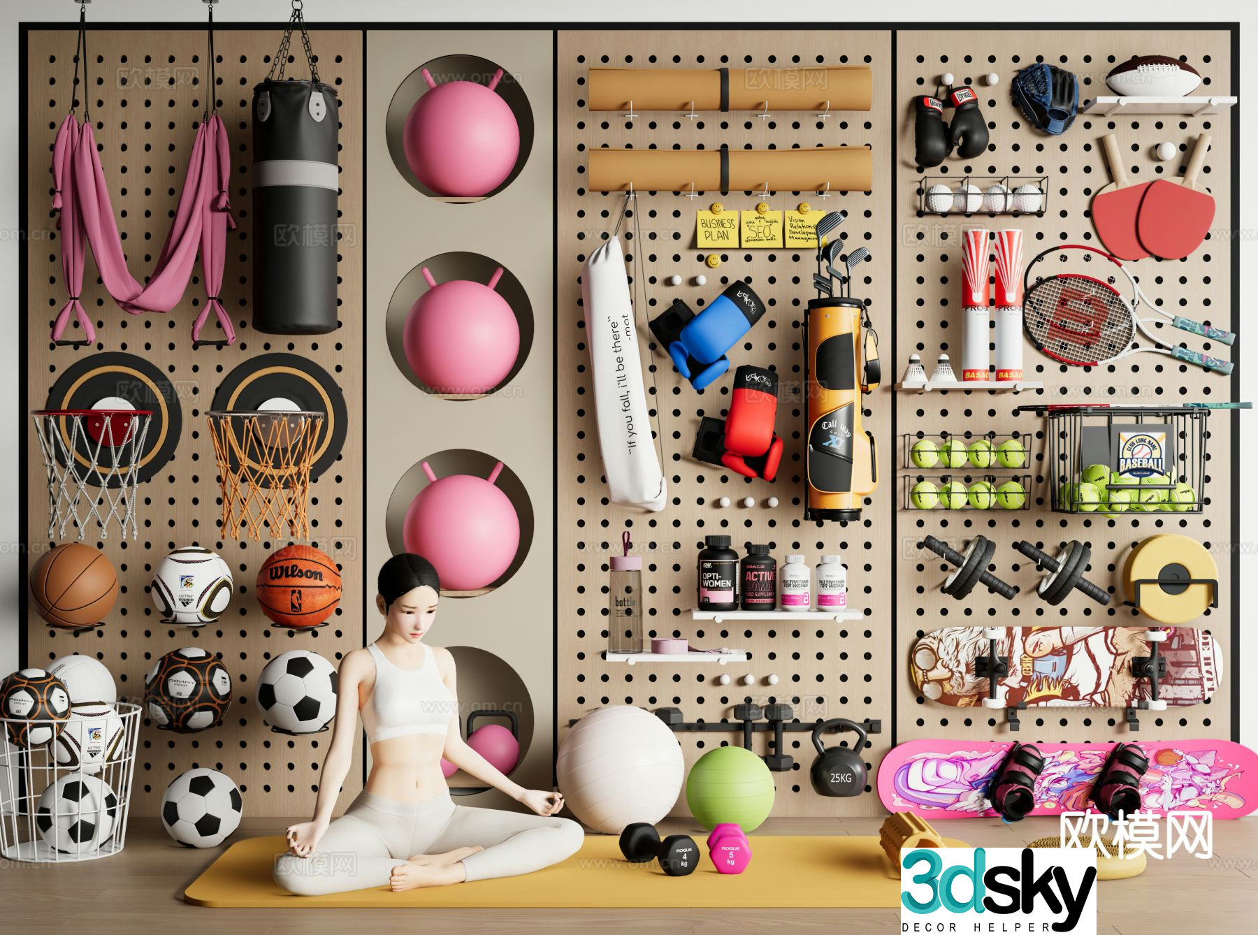 Ball equipment, fitness equipment, yoga mat, surf skateboard 3D model