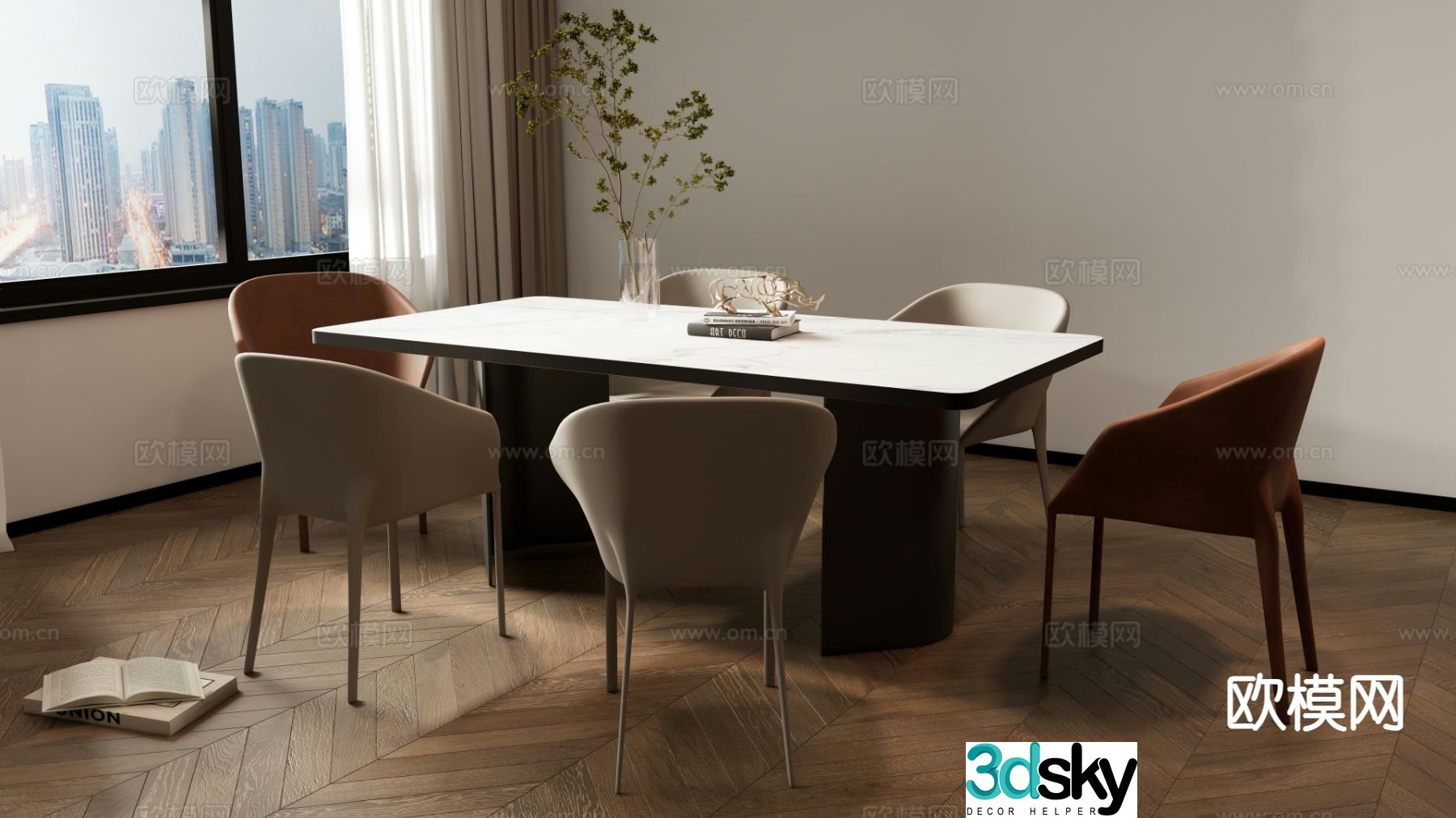 Simple dining table and chairs long dining table 3d model