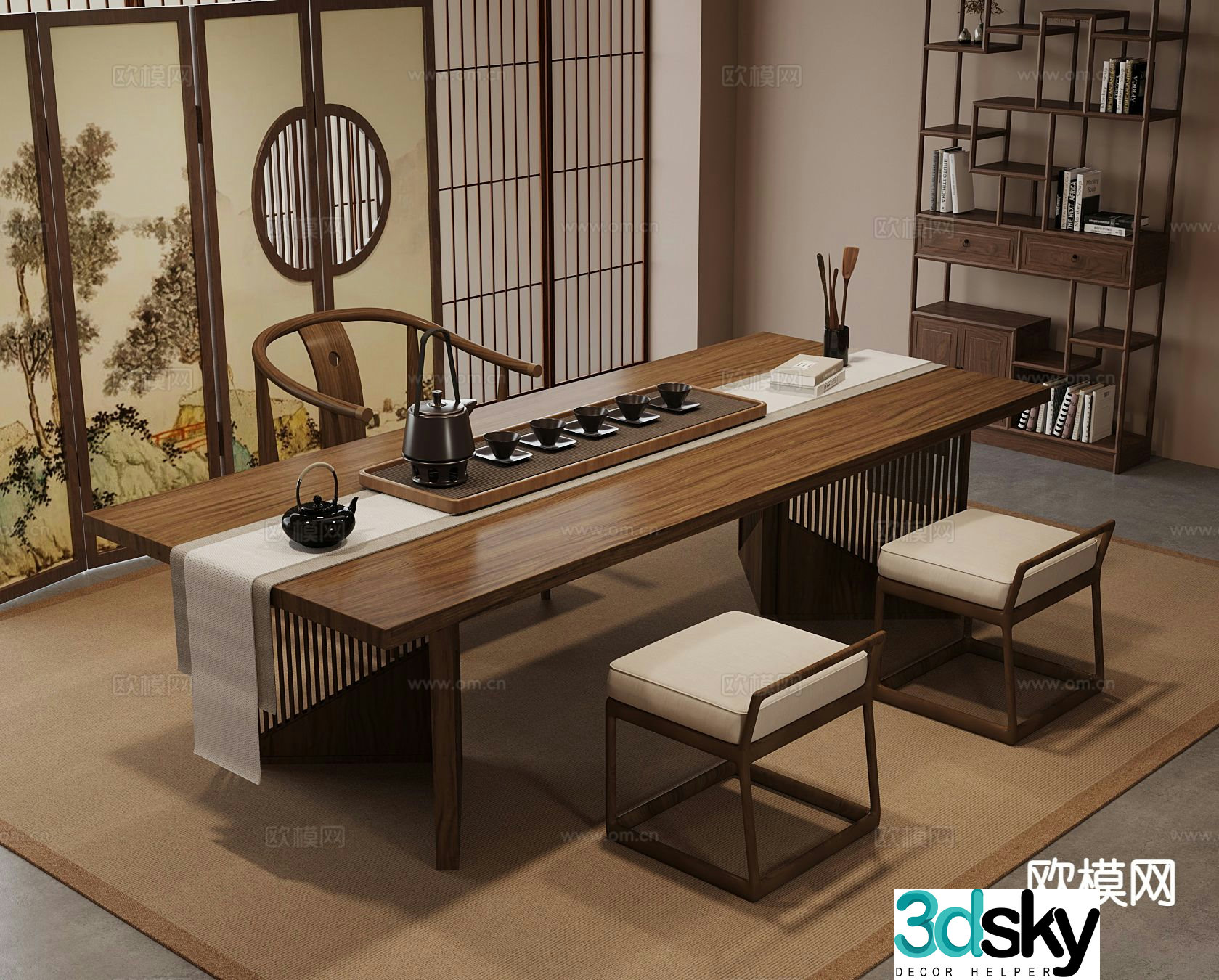 New Chinese style tea table and chairs tea set Bogu rack 3D model
