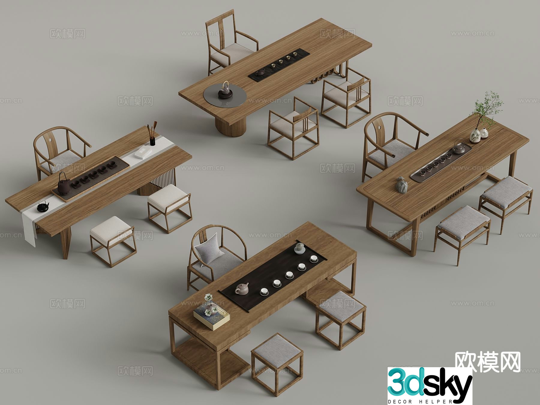 New Chinese style tea table and chairs tea set Bogu rack 3D model