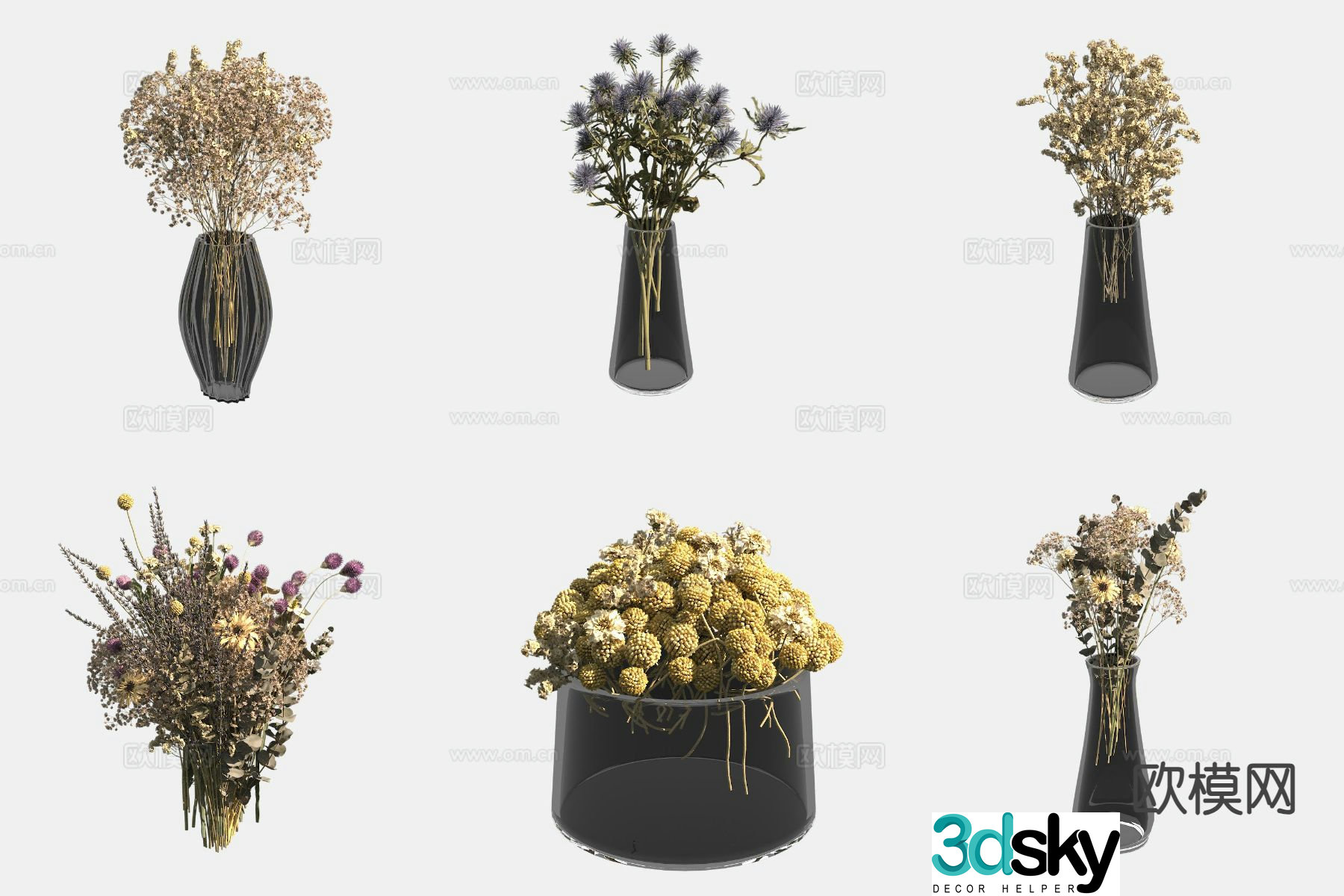 vase floral arrangement dried flowers flower arrangement 3d model