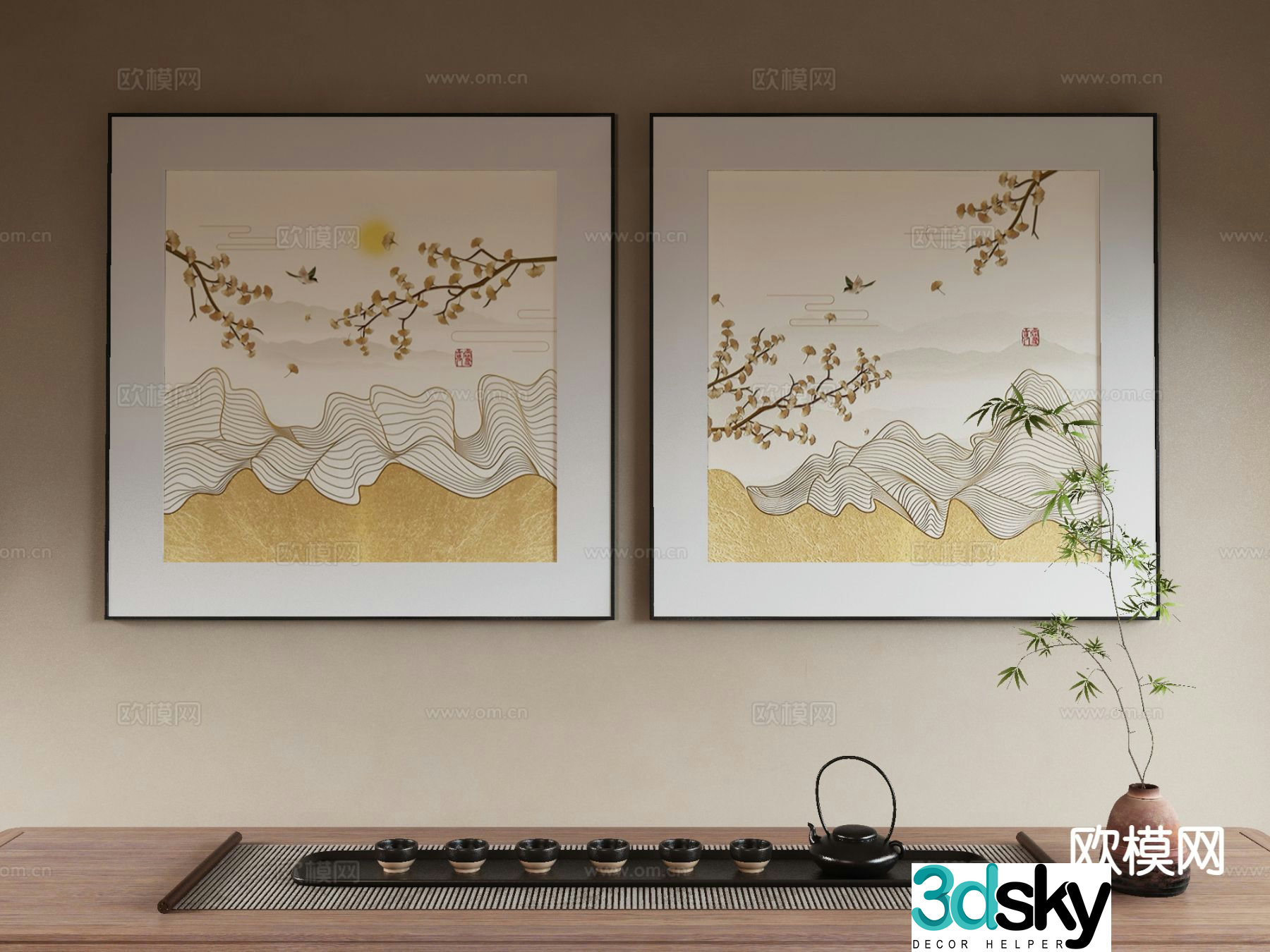 New Chinese style decorative painting Zen hanging painting tea set 3D model