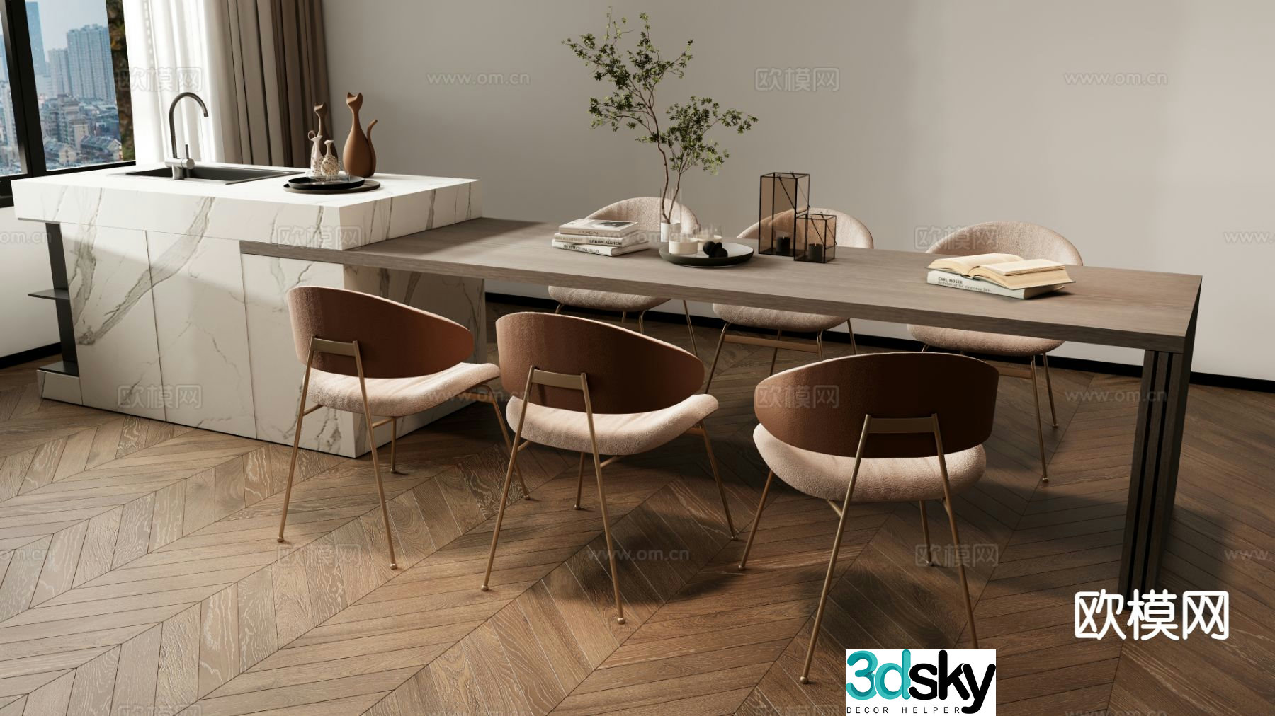 Simple dining table and chairs long dining table island dining table 3D model