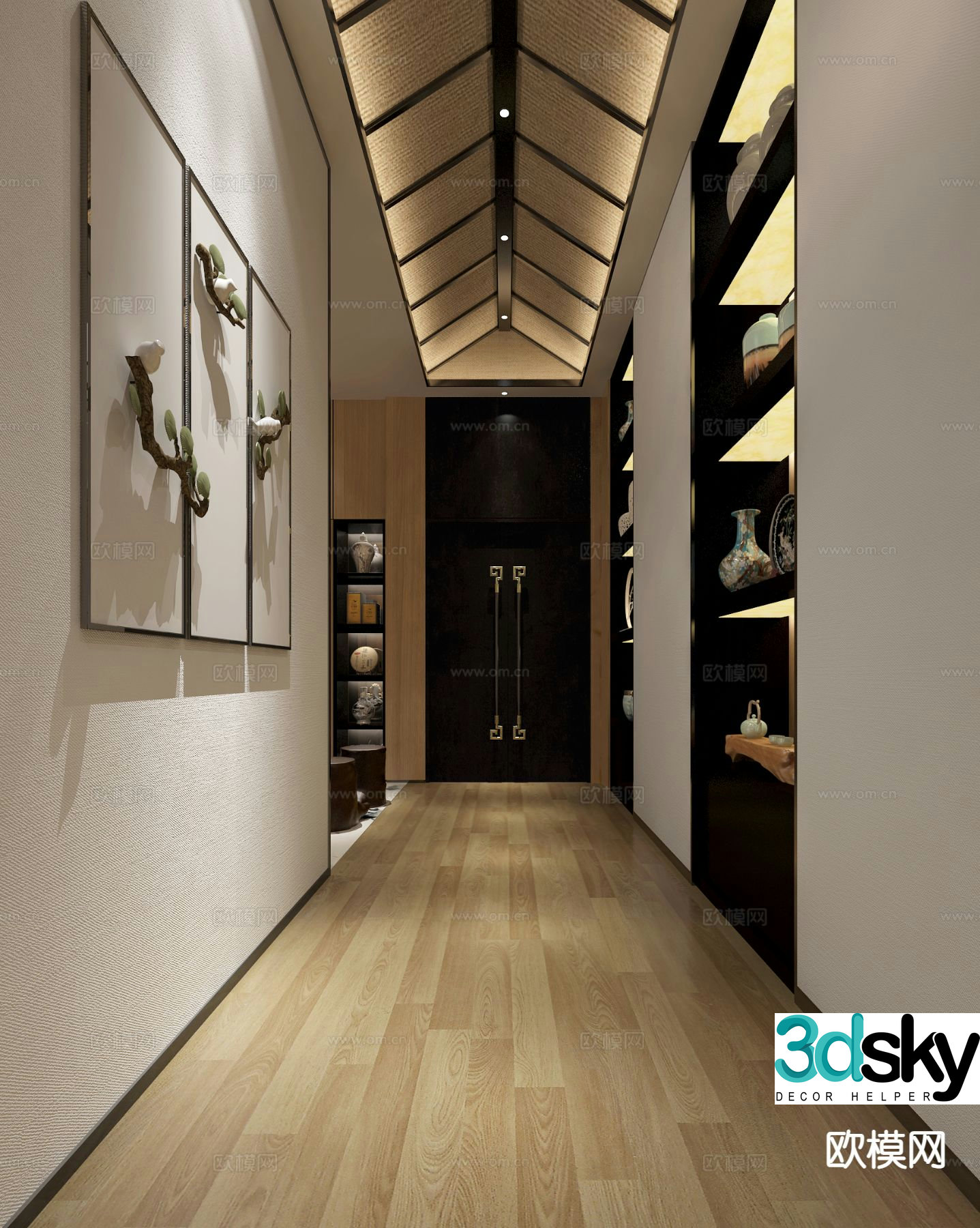 New Chinese-style villa corridor aisle 3D model