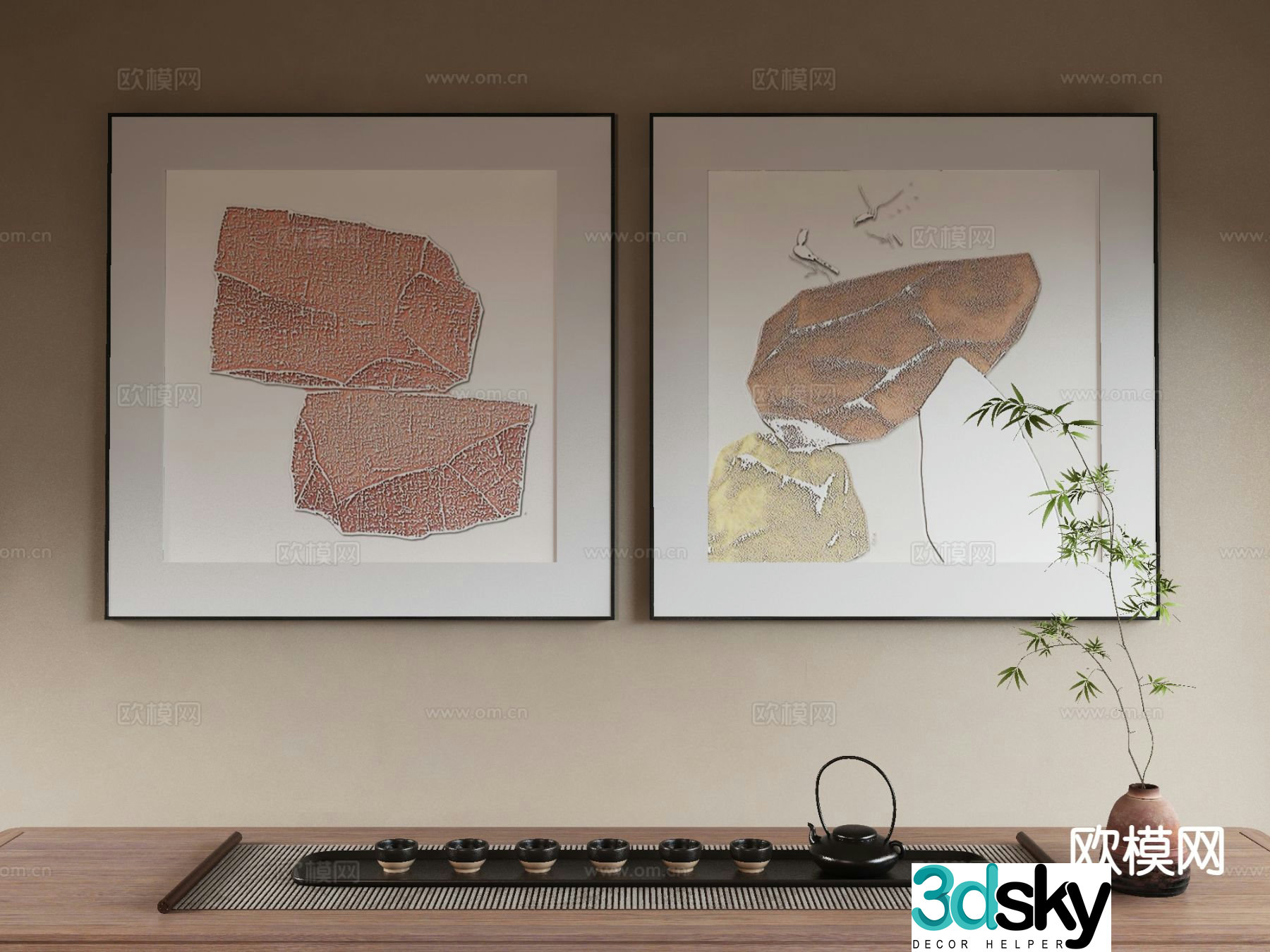New Chinese style decorative painting Zen hanging painting tea set 3D model